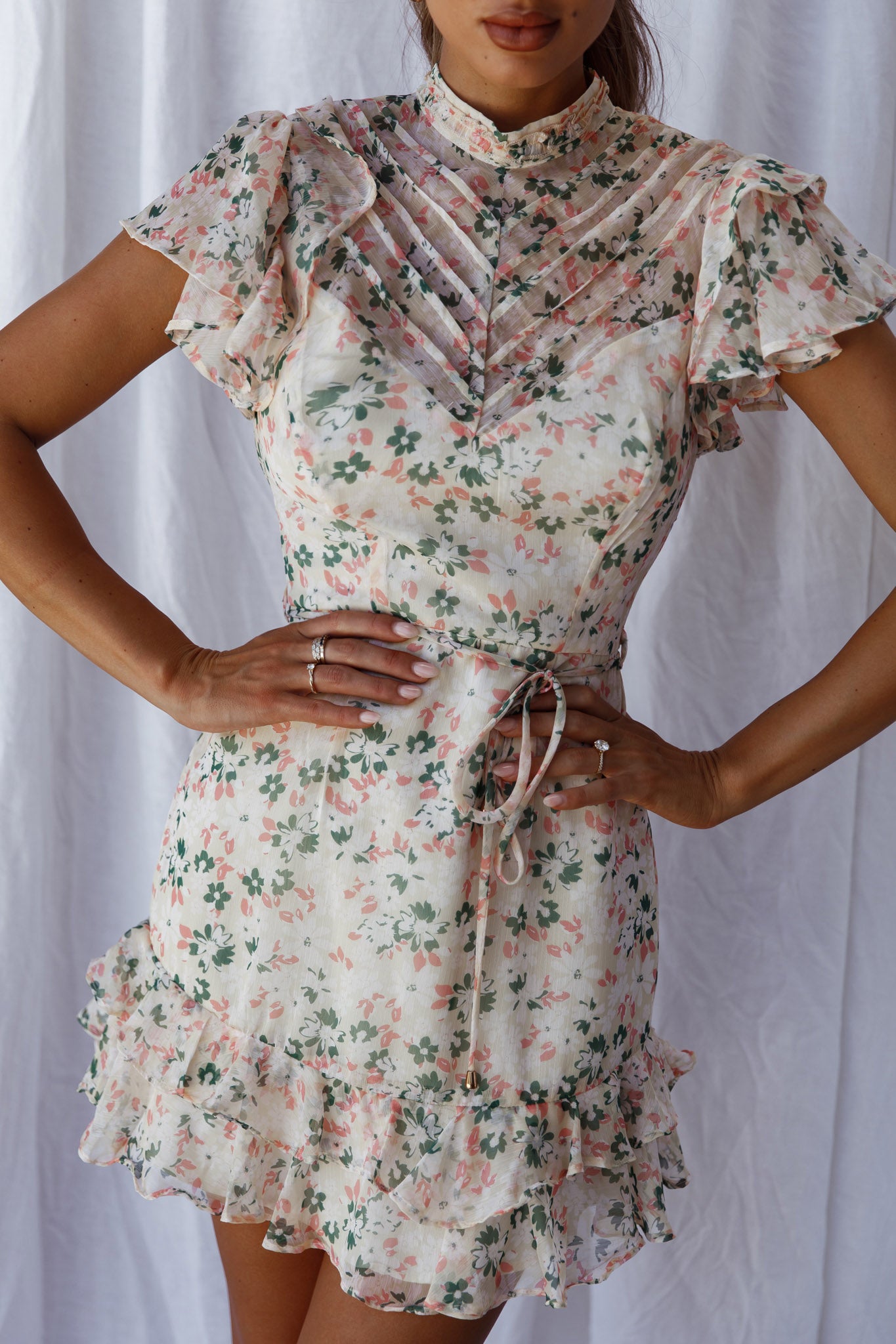 Lark High Neck Ruffle Sleeve Dress Flower Print Yellow-Maymioy