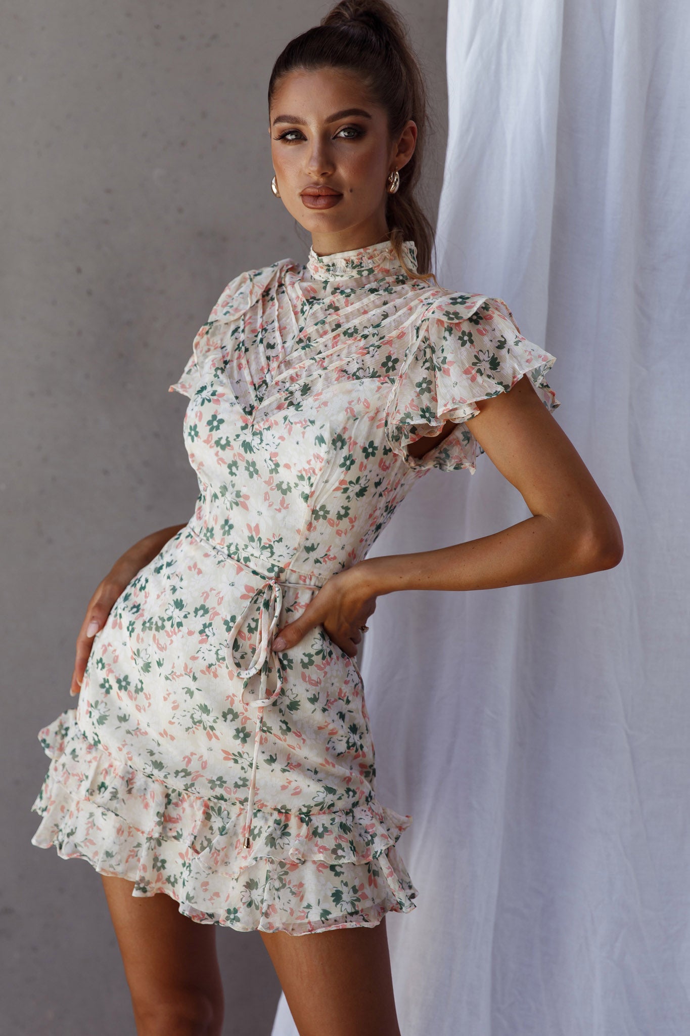 Lark High Neck Ruffle Sleeve Dress Flower Print Yellow-Maymioy