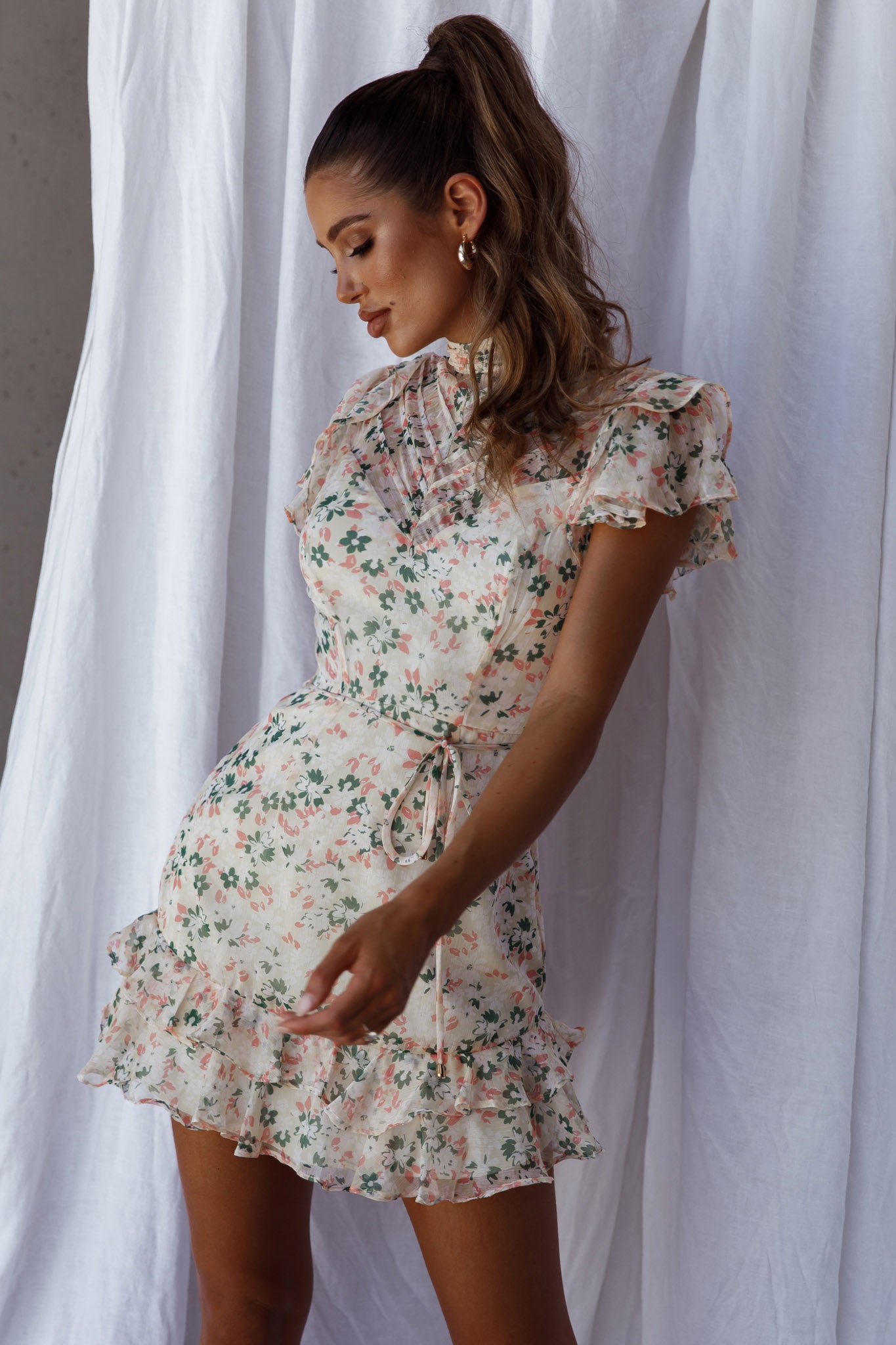 Lark High Neck Ruffle Sleeve Dress Flower Print Yellow-Maymioy