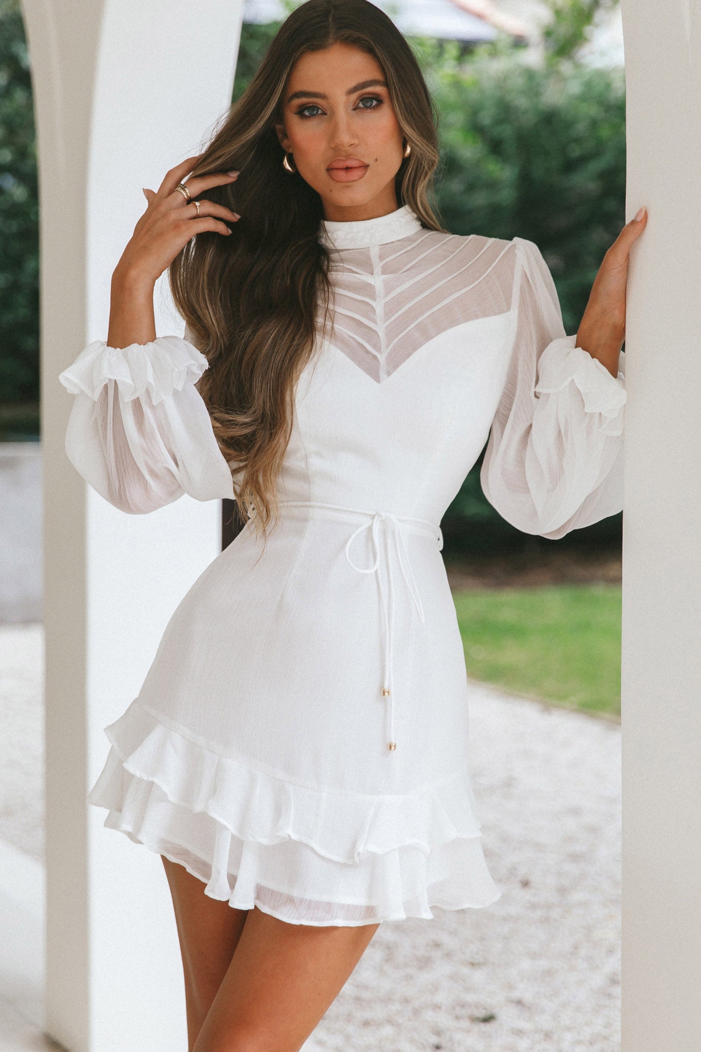 Lark High Neck Balloon Sleeve Dress White-Maymioy