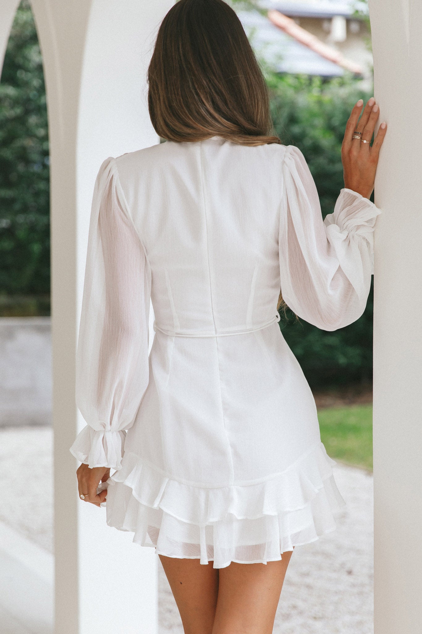 Lark High Neck Balloon Sleeve Dress White-Maymioy