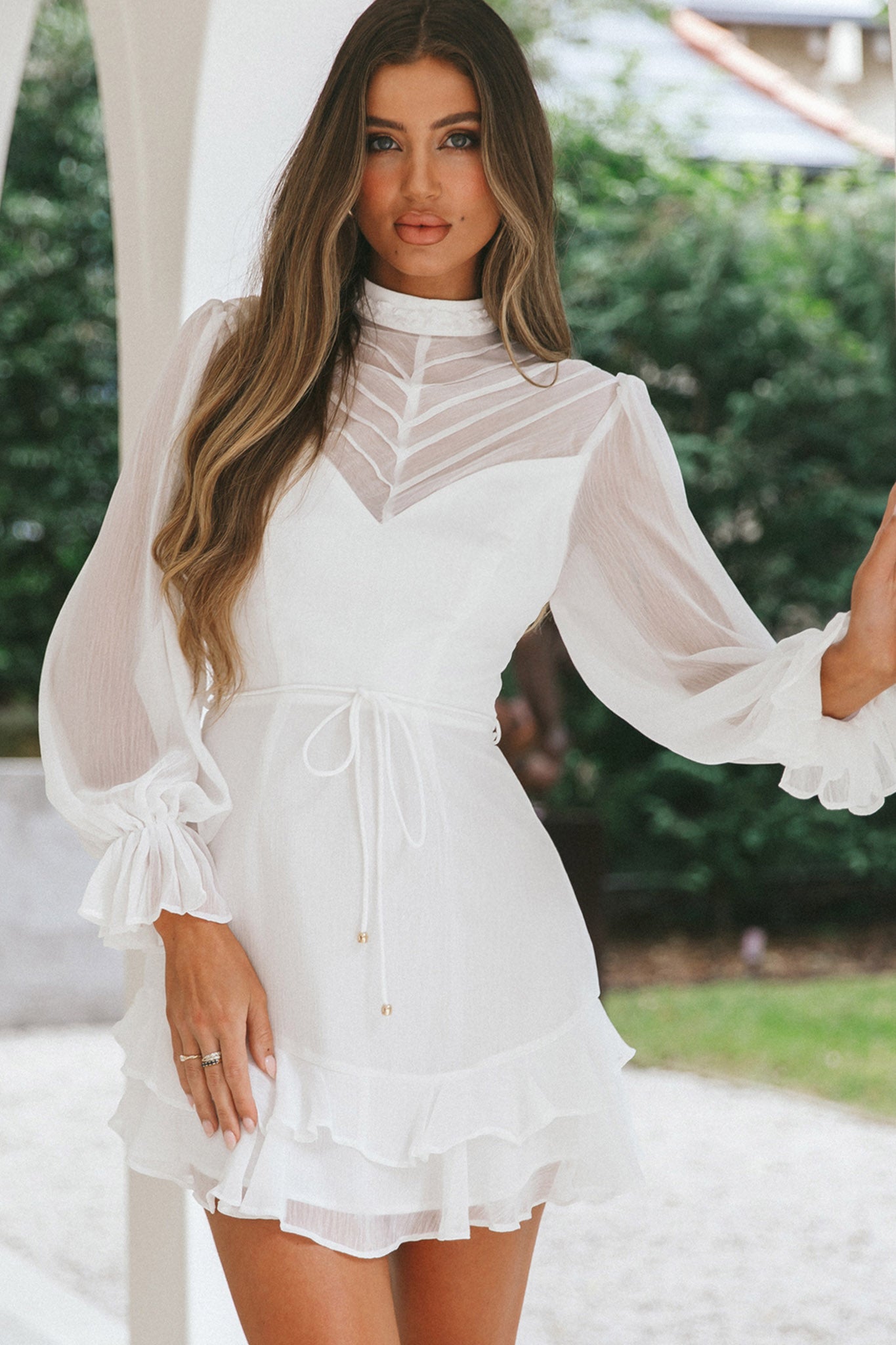 Lark High Neck Balloon Sleeve Dress White-Maymioy