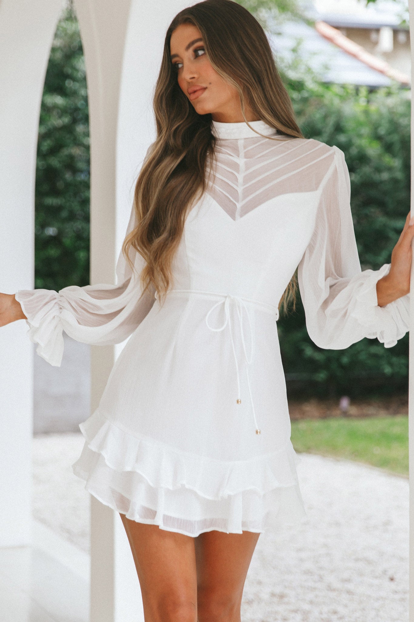 Lark High Neck Balloon Sleeve Dress White-Maymioy