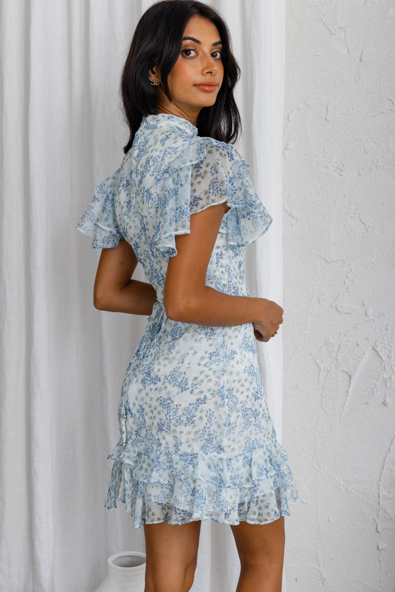 Lark High Neck Ruffle Sleeve Dress Clover Print Blue-Maymioy