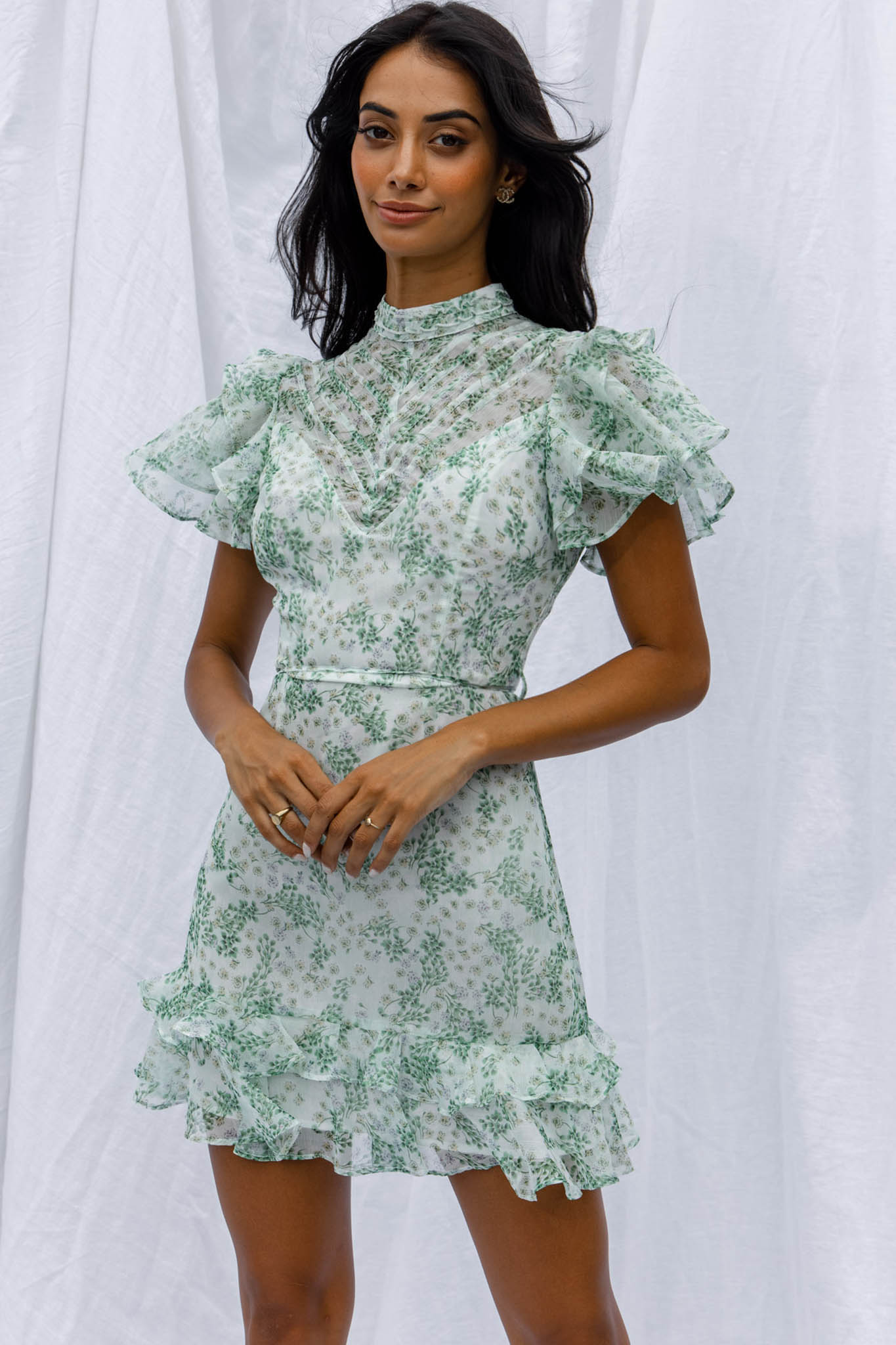 Lark High Neck Ruffle Sleeve Dress Clover Print Green-Maymioy