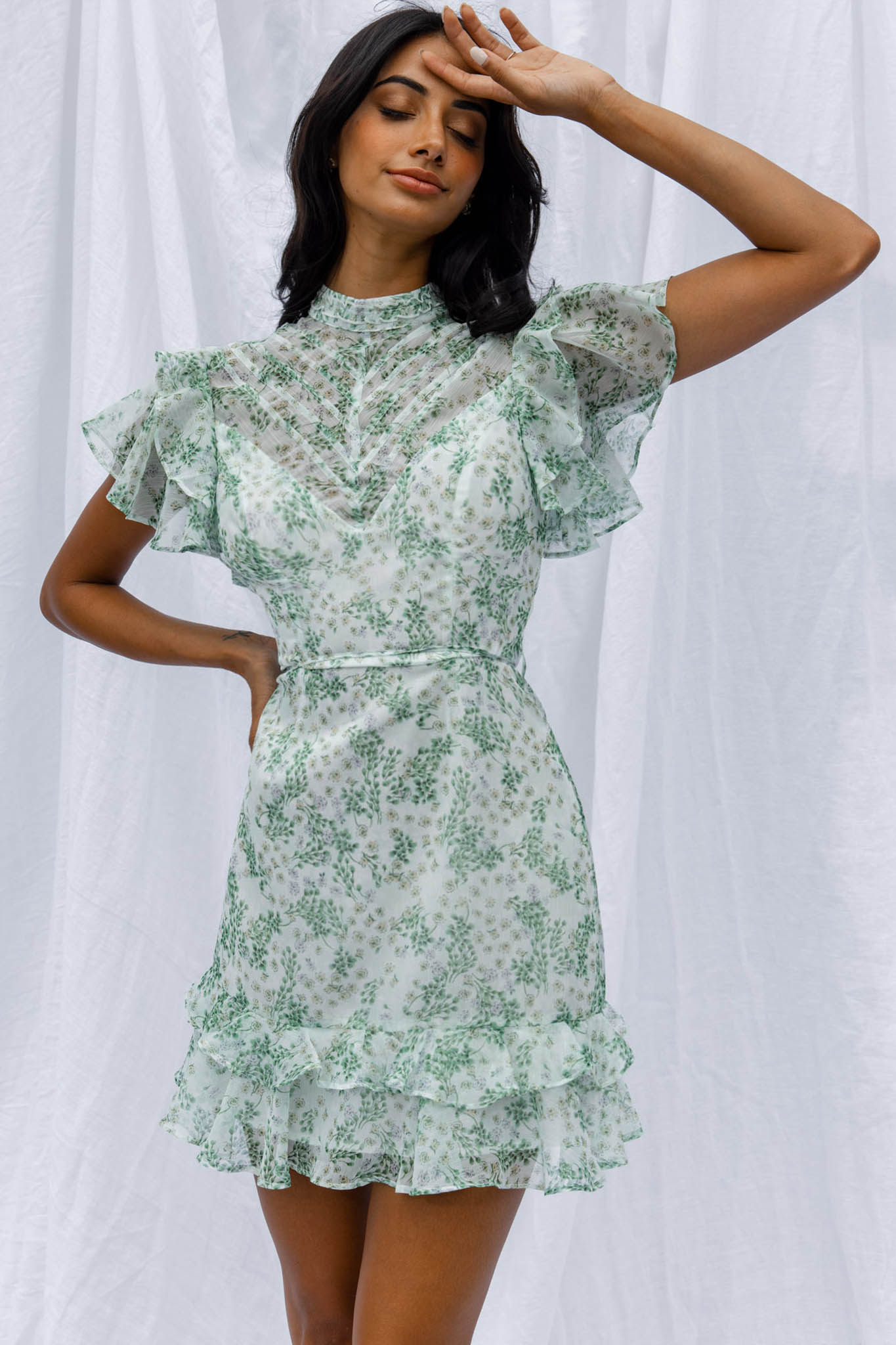 Lark High Neck Ruffle Sleeve Dress Clover Print Green-Maymioy