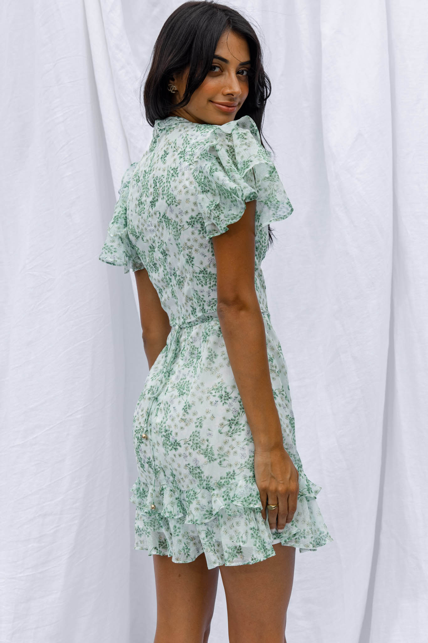 Lark High Neck Ruffle Sleeve Dress Clover Print Green-Maymioy