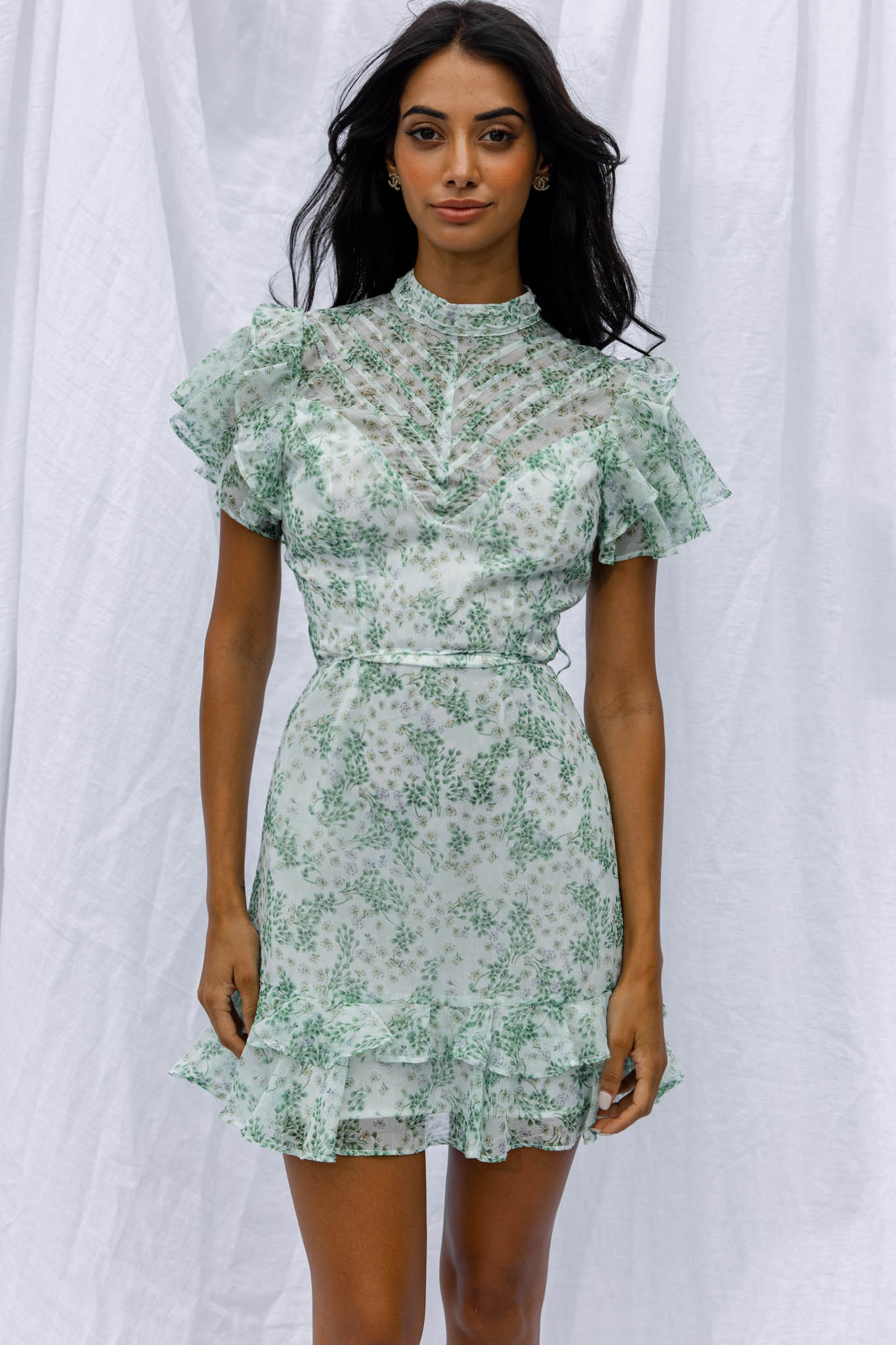 Lark High Neck Ruffle Sleeve Dress Clover Print Green-Maymioy