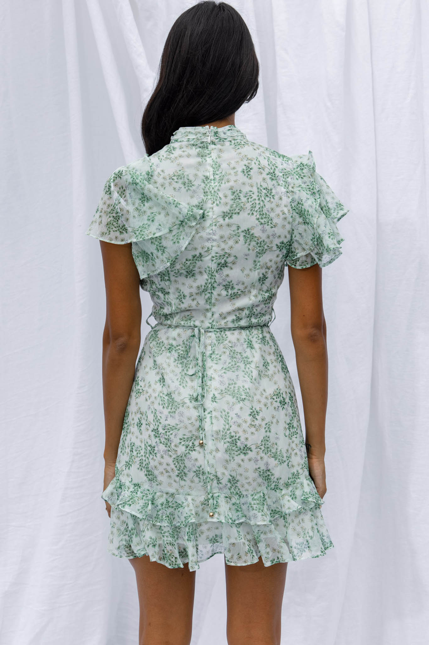 Lark High Neck Ruffle Sleeve Dress Clover Print Green-Maymioy