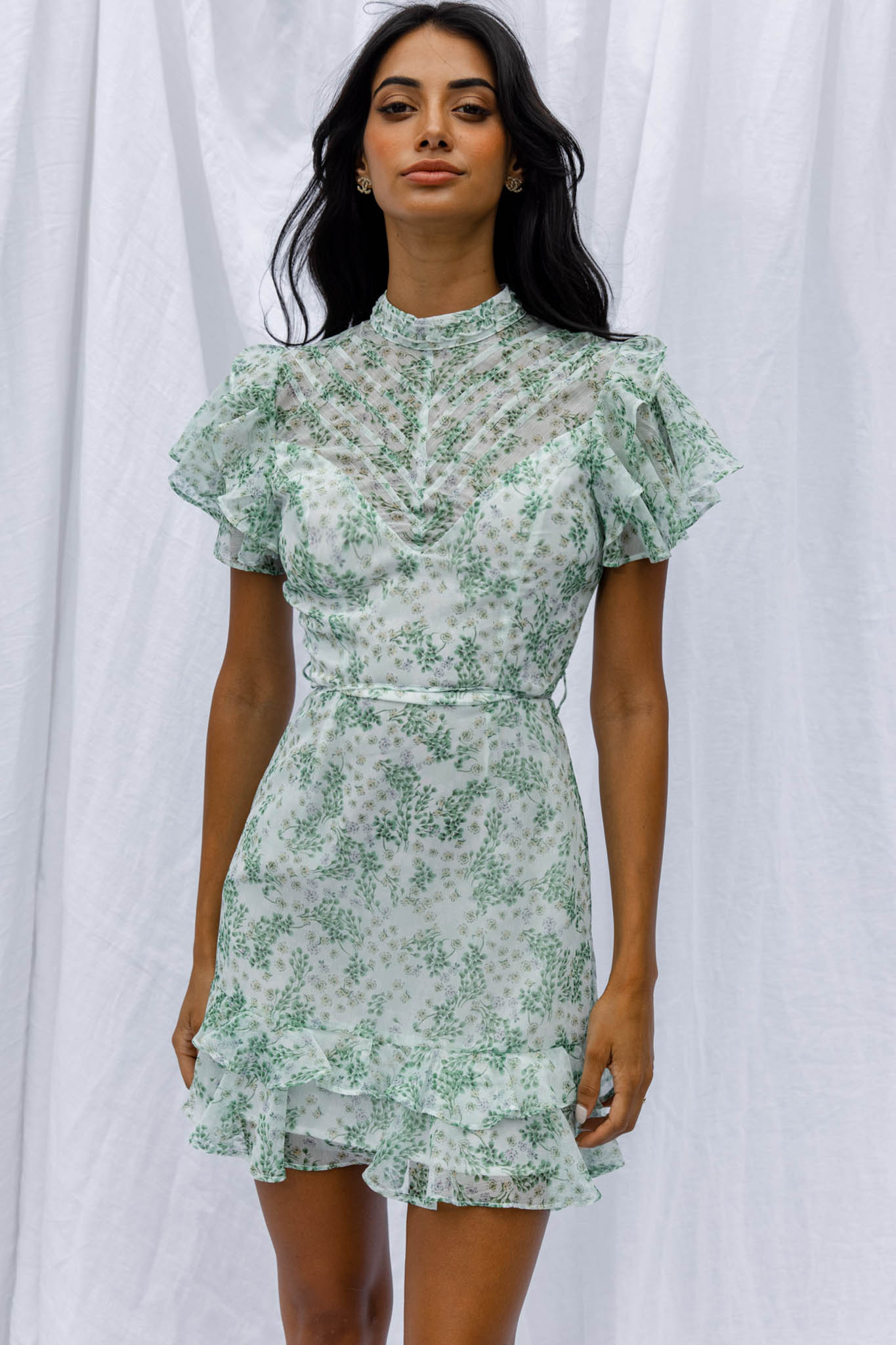 Lark High Neck Ruffle Sleeve Dress Clover Print Green-Maymioy