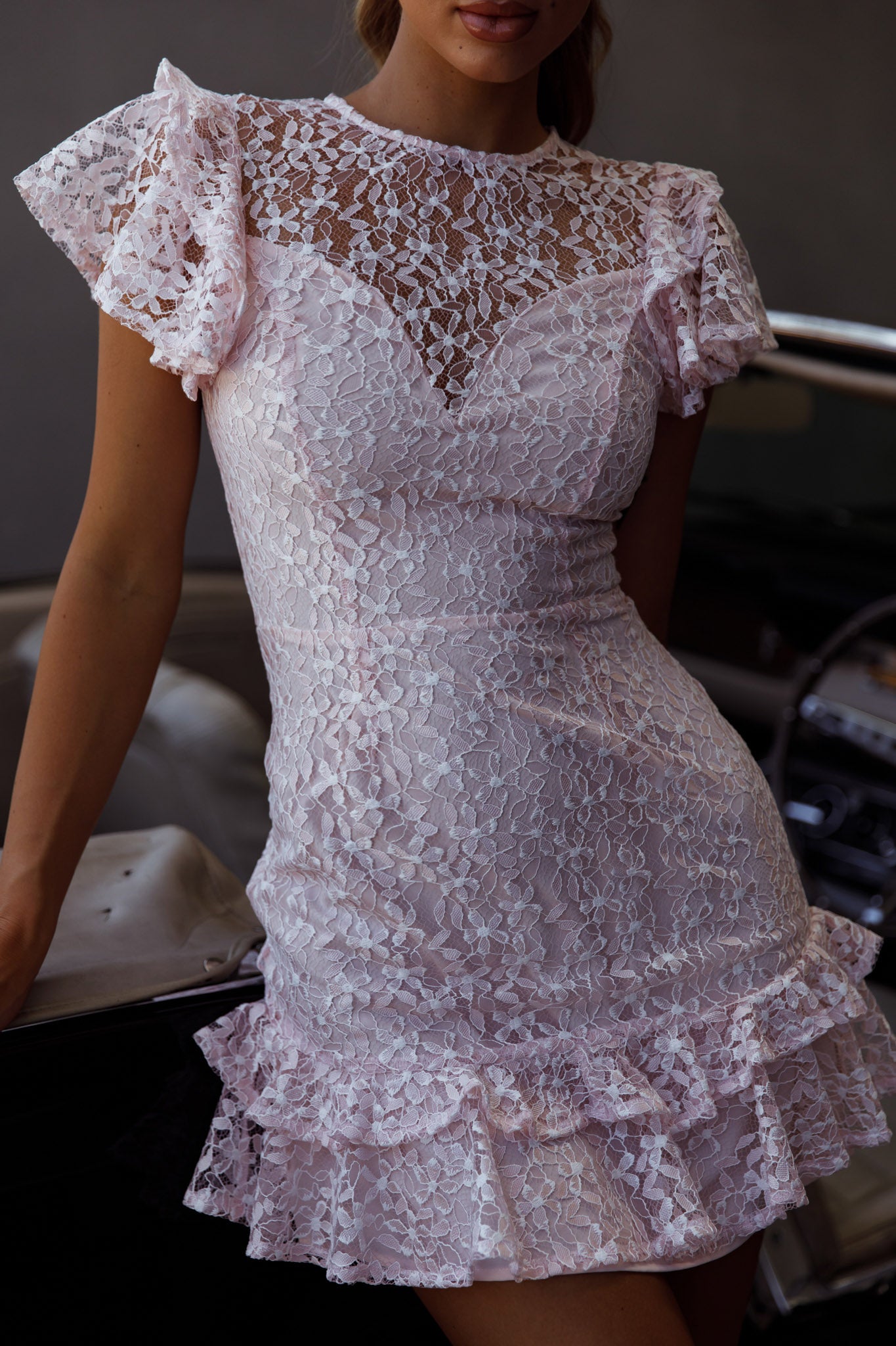 Lark Crew Neck Ruffle Sleeve Dress Lace Overlay Pink-Maymioy