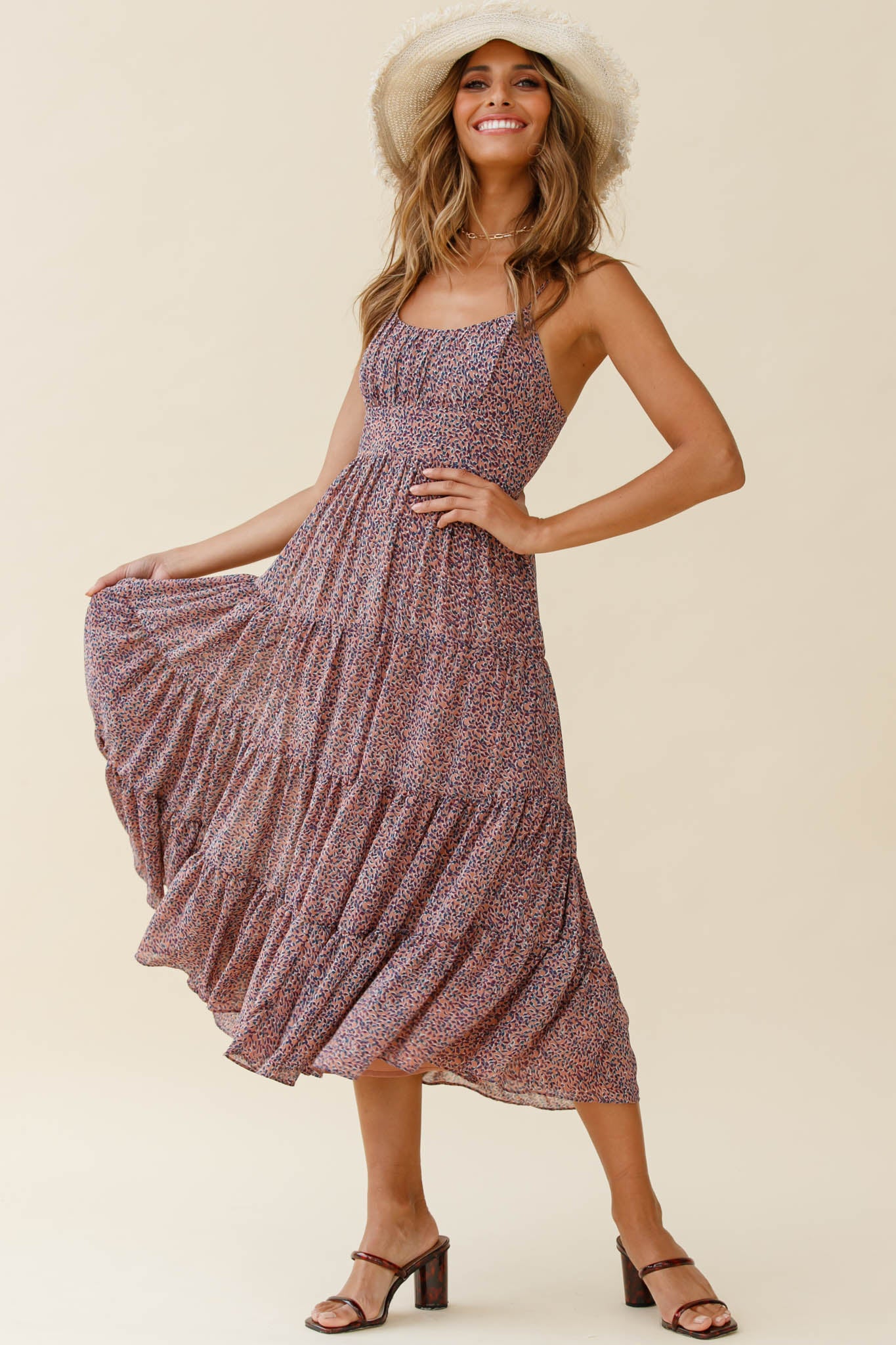 Eternal Sunshine Gathered Bust Midi Dress Leaf Print Purple Multi-Maymioy