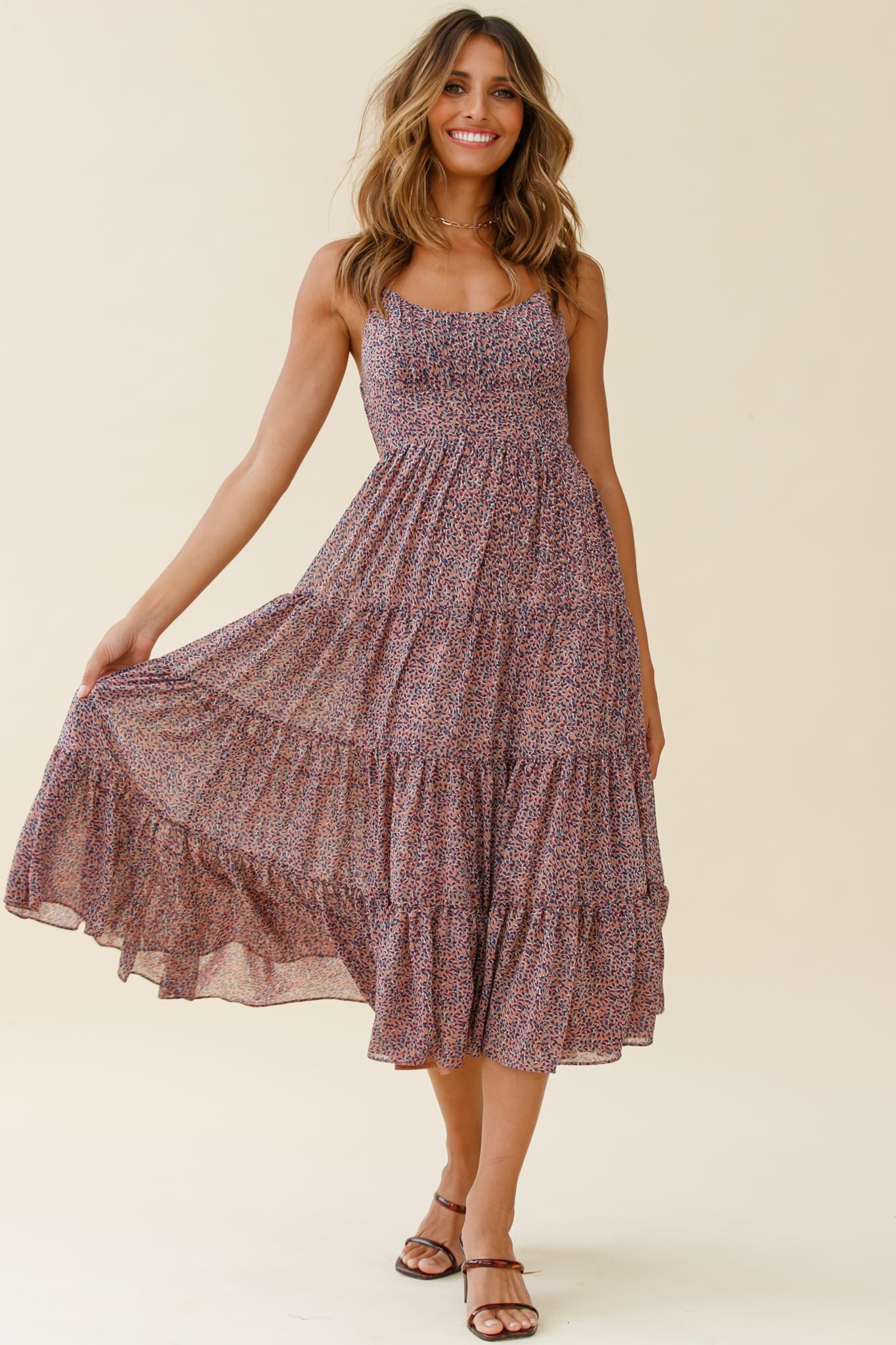 Eternal Sunshine Gathered Bust Midi Dress Leaf Print Purple Multi-Maymioy