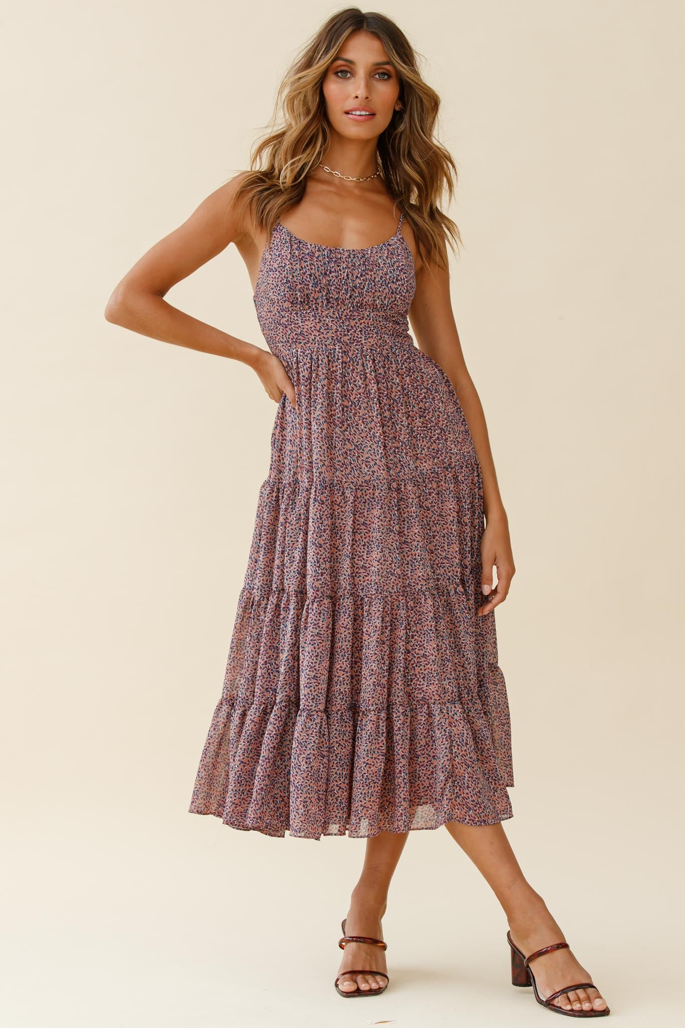 Eternal Sunshine Gathered Bust Midi Dress Leaf Print Purple Multi-Maymioy