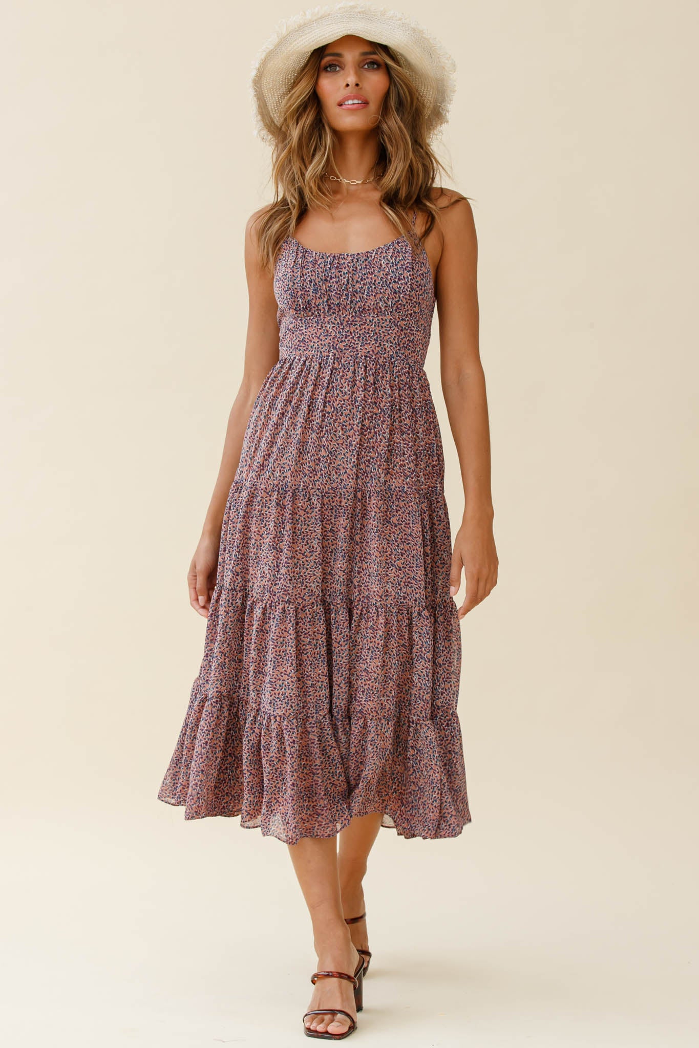 Eternal Sunshine Gathered Bust Midi Dress Leaf Print Purple Multi-Maymioy