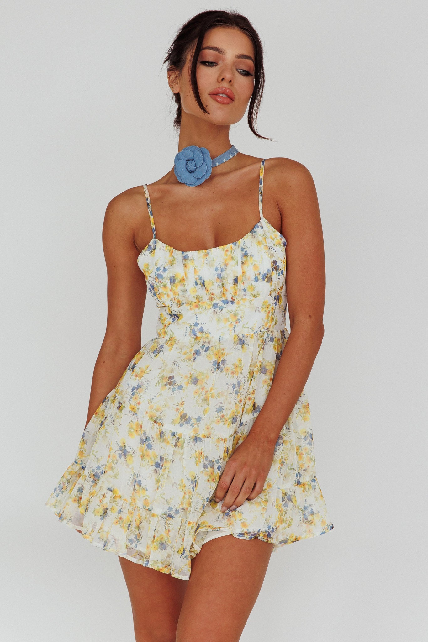 Eternal Sunshine Gathered Bust Babydoll Dress Vintage Blue-Maymioy