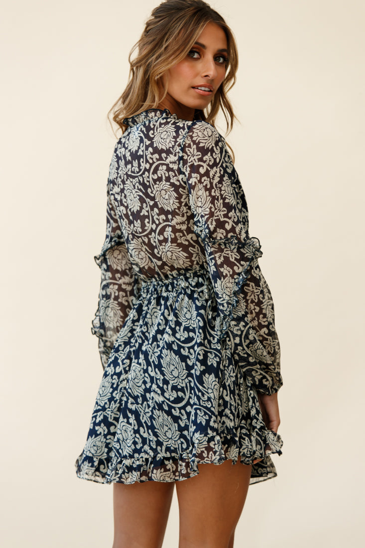 Lima Long Sleeve Drawstring Waist Frill Dress Floral Print Navy-Maymioy