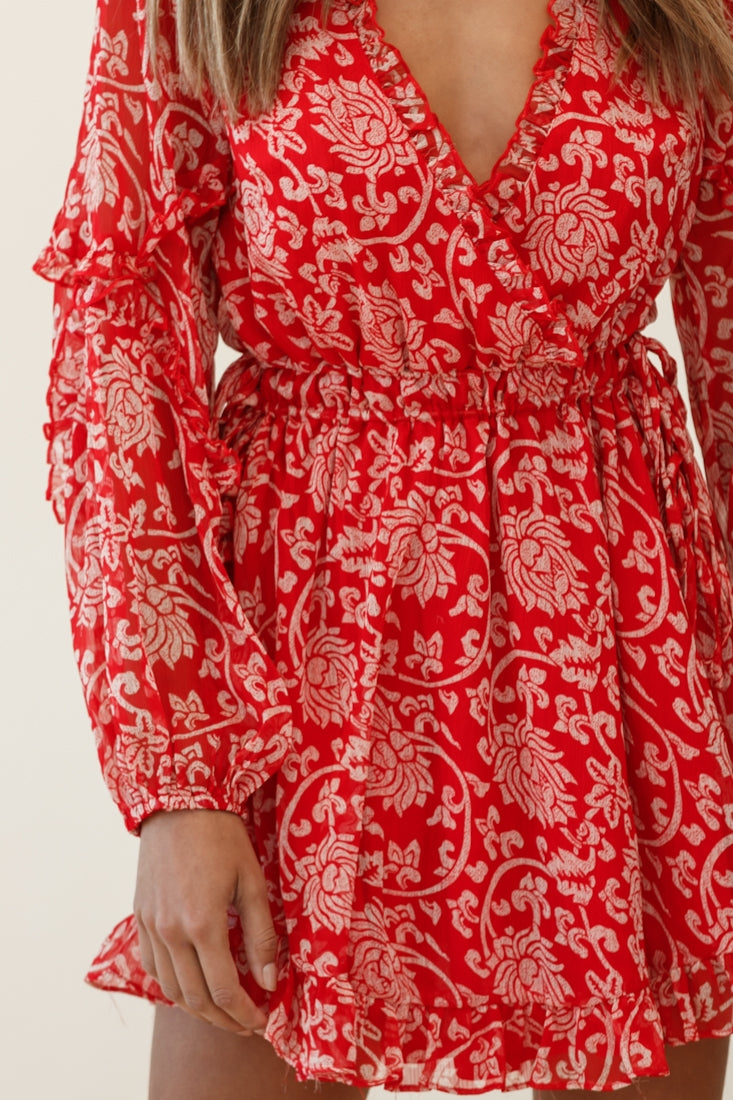 Lima Long Sleeve Drawstring Waist Frill Dress Floral Print Red-Maymioy