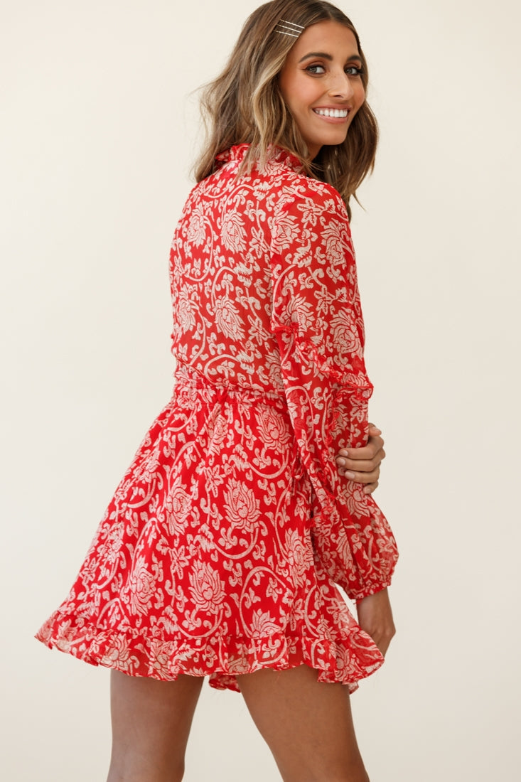 Lima Long Sleeve Drawstring Waist Frill Dress Floral Print Red-Maymioy