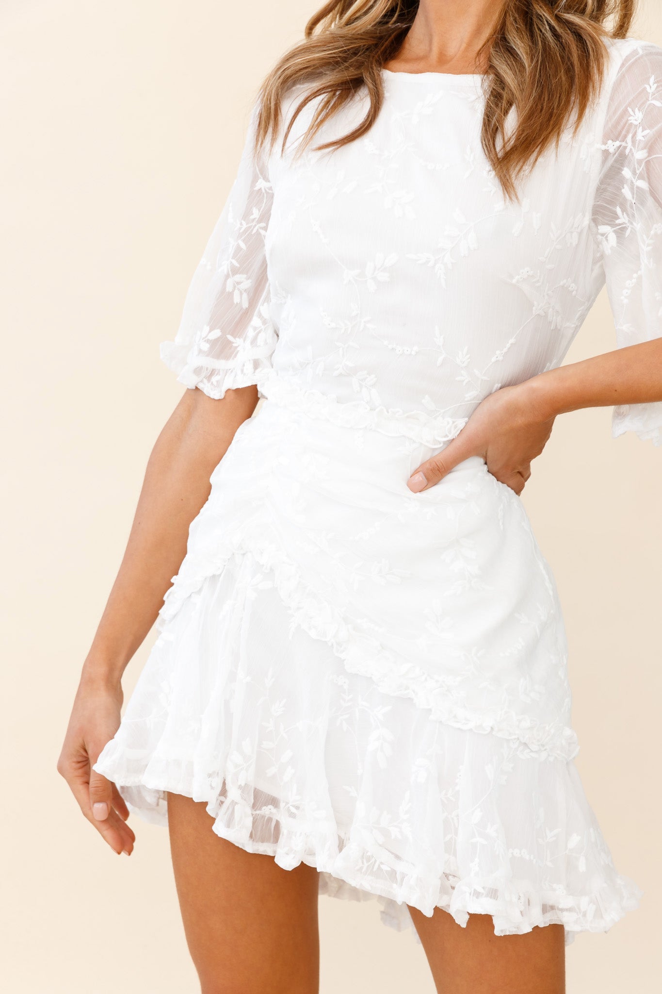Leona Half Sleeve Frill Trim Dress Leaf Embroidered White-Maymioy