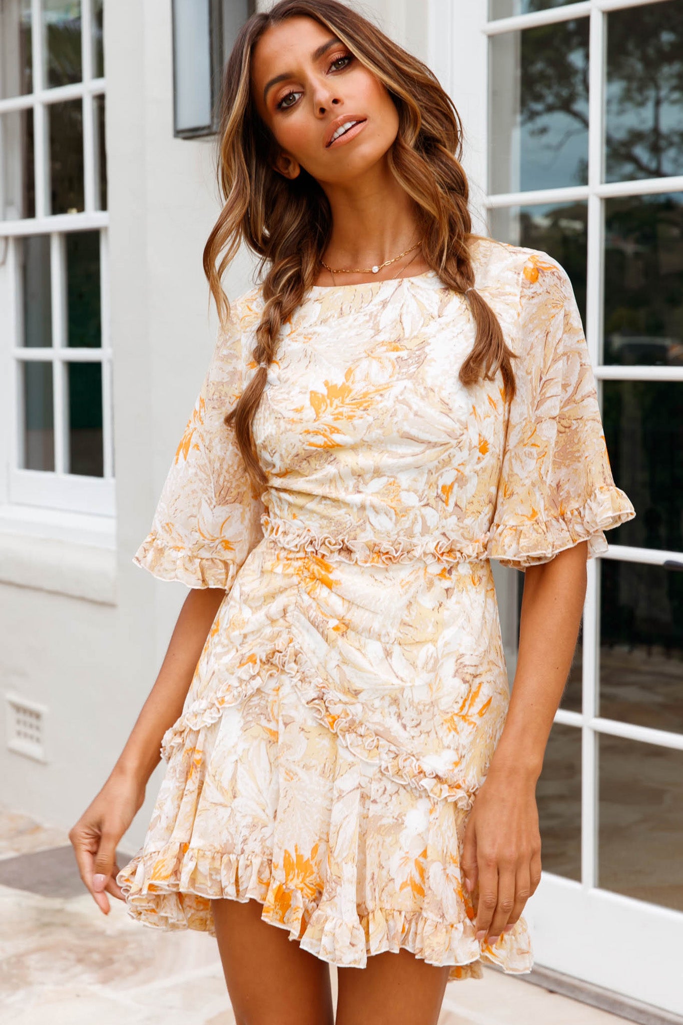 Leona Half Sleeve Frill Trim Dress Leaf Print Yellow Multi-Maymioy