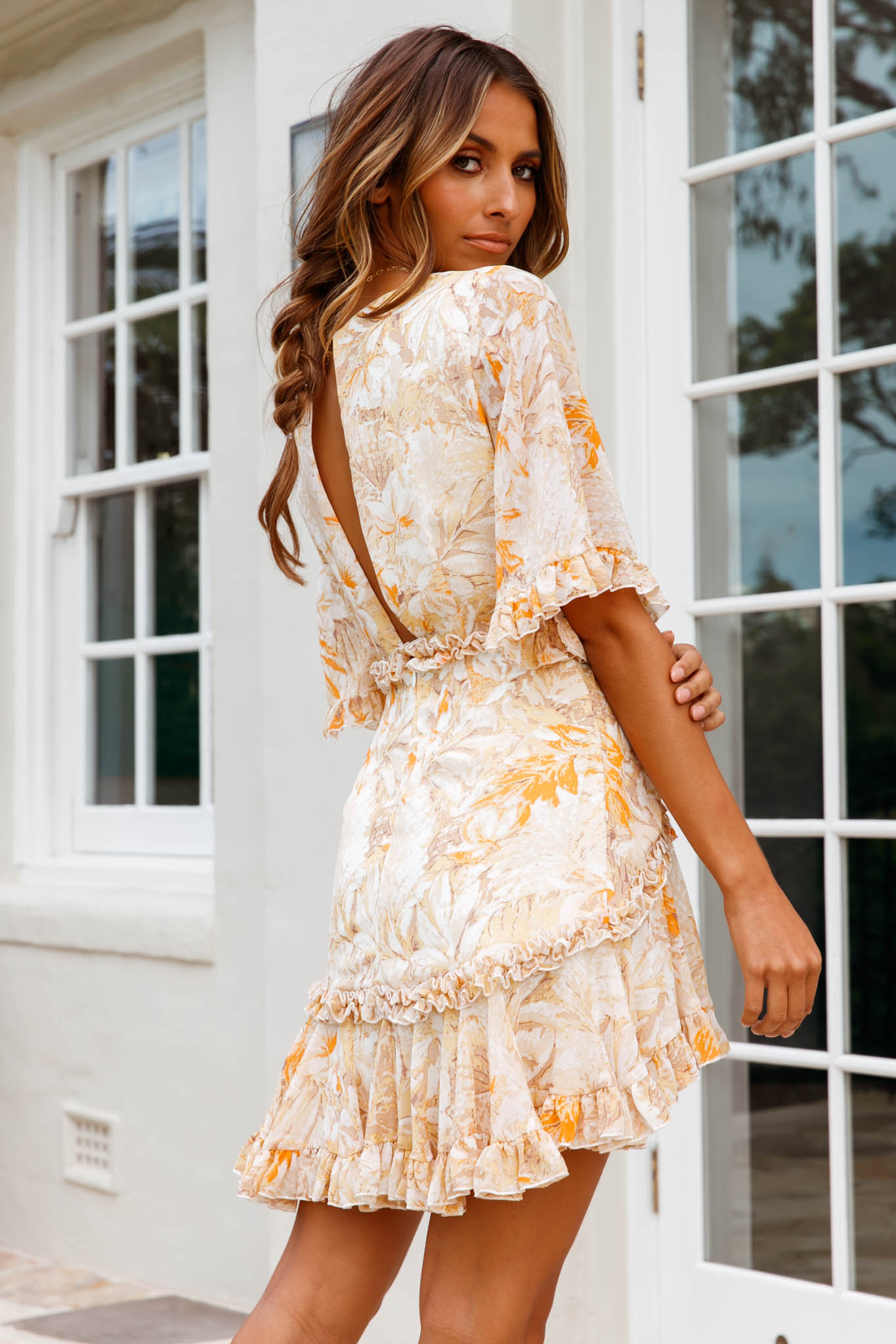 Leona Half Sleeve Frill Trim Dress Leaf Print Yellow Multi-Maymioy