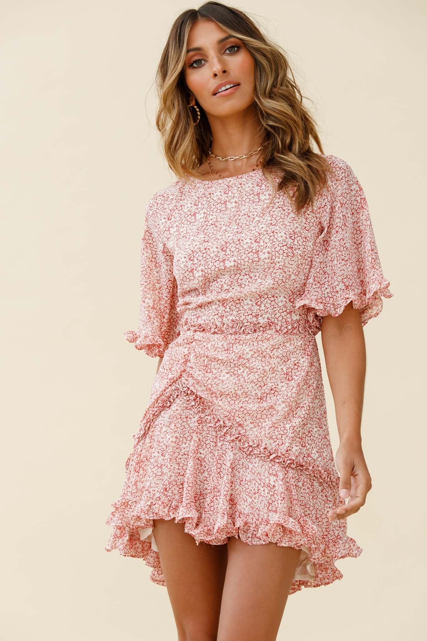 Leona Half Sleeve Frill Trim Dress Floral Print Red-Maymioy