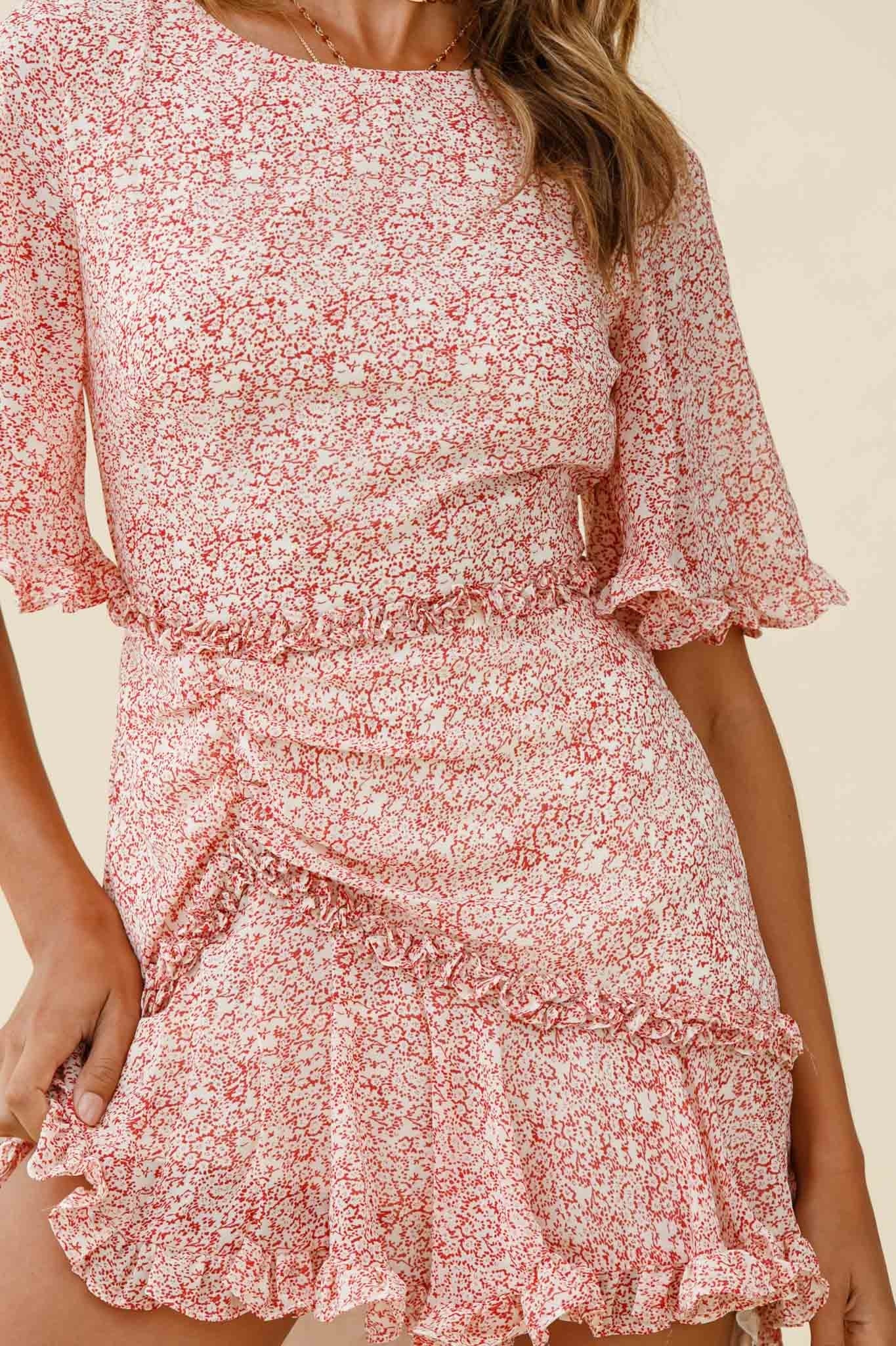 Leona Half Sleeve Frill Trim Dress Floral Print Red-Maymioy