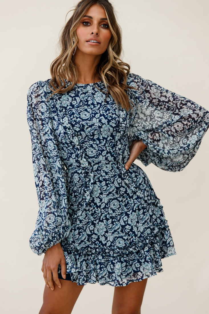 Mirabelle Long Balloon Sleeve Ruffle Hem Dress Floral Print Navy-Maymioy