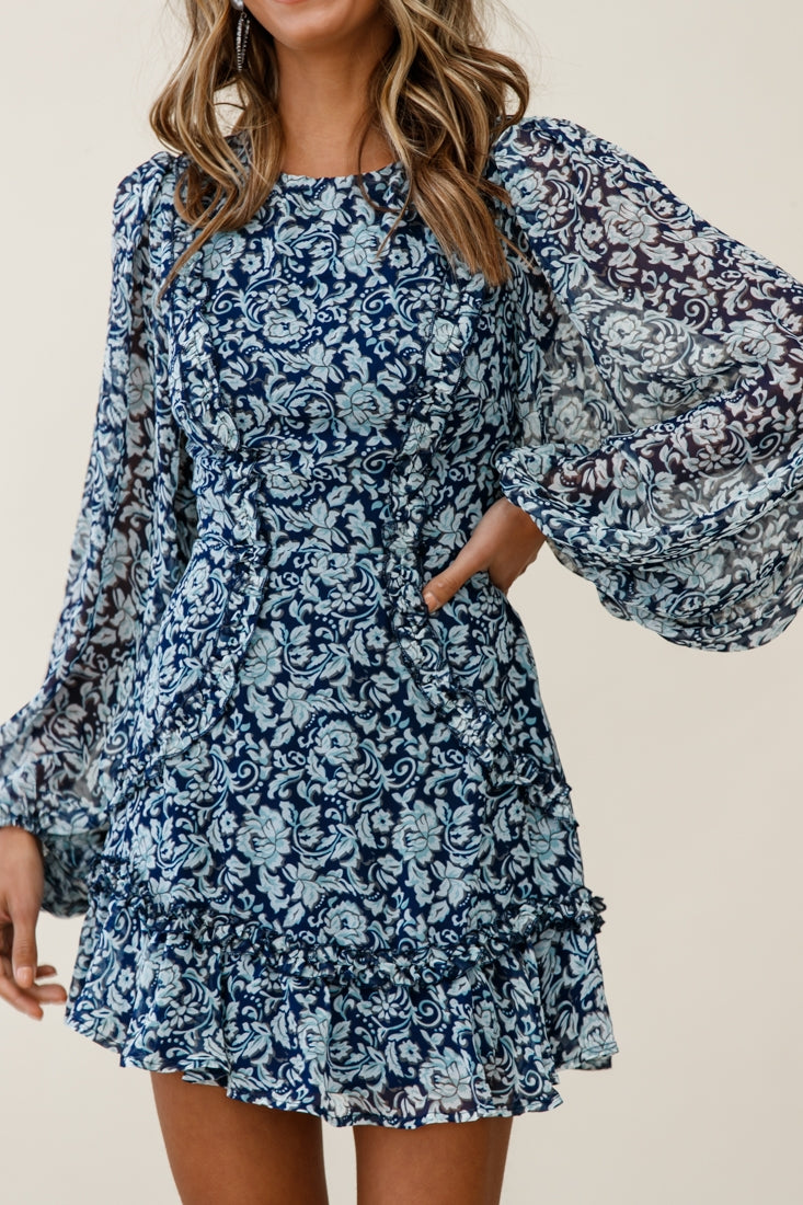 Mirabelle Long Balloon Sleeve Ruffle Hem Dress Floral Print Navy-Maymioy