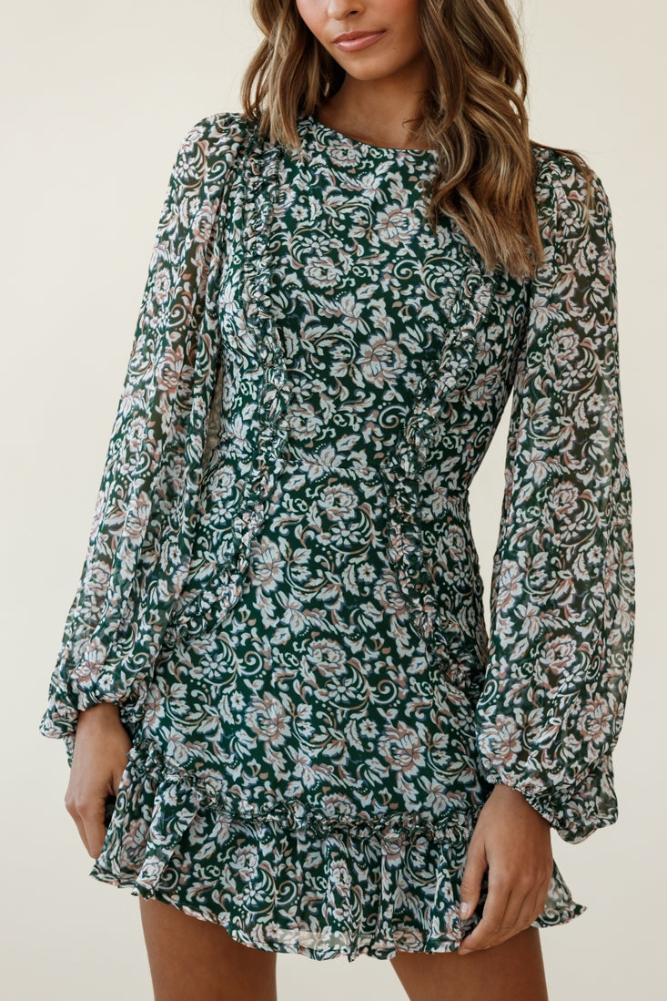 Mirabelle Long Balloon Sleeve Ruffle Hem Dress Floral Print Olive-Maymioy