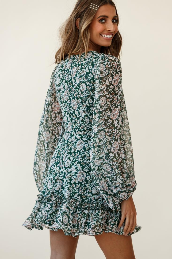 Mirabelle Long Balloon Sleeve Ruffle Hem Dress Floral Print Olive-Maymioy