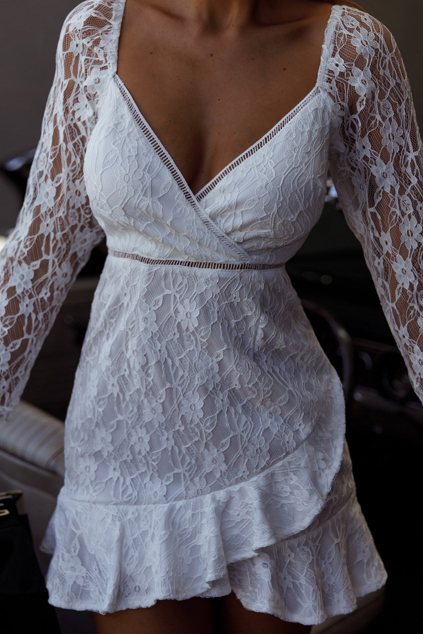 Hali Long Sleeve Surplice Neckline Lace Dress White-Maymioy
