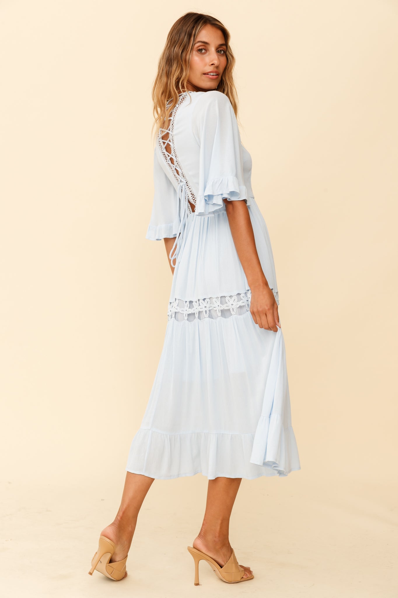Feeling Groovy Bell Sleeve Crochet Trim Maxi Dress Ice Blue-Maymioy