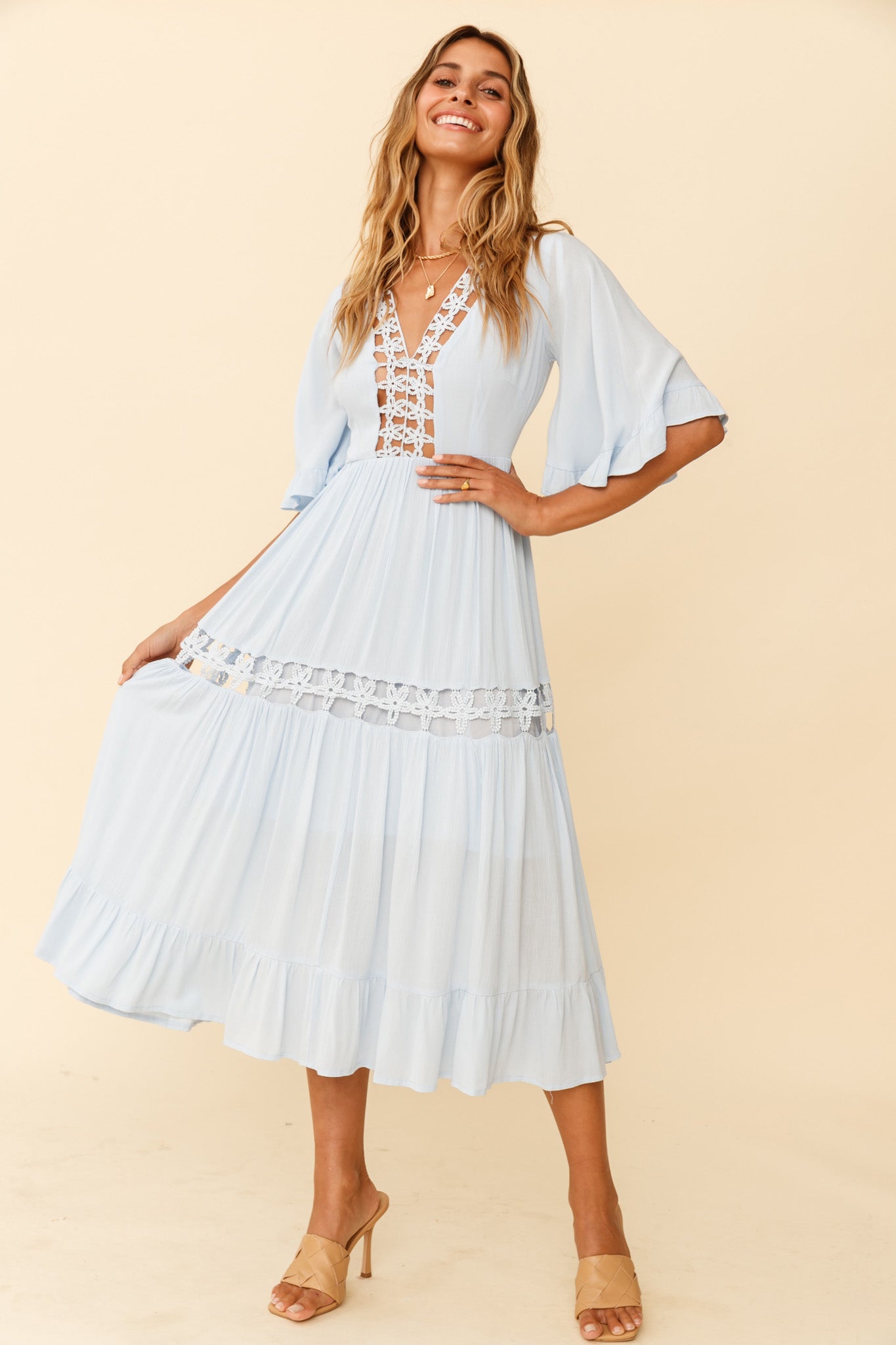 Feeling Groovy Bell Sleeve Crochet Trim Maxi Dress Ice Blue-Maymioy