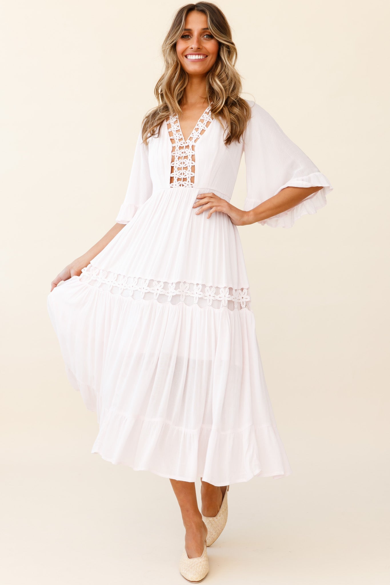 Feeling Groovy Bell Sleeve Crochet Trim Maxi Dress Pink-Maymioy