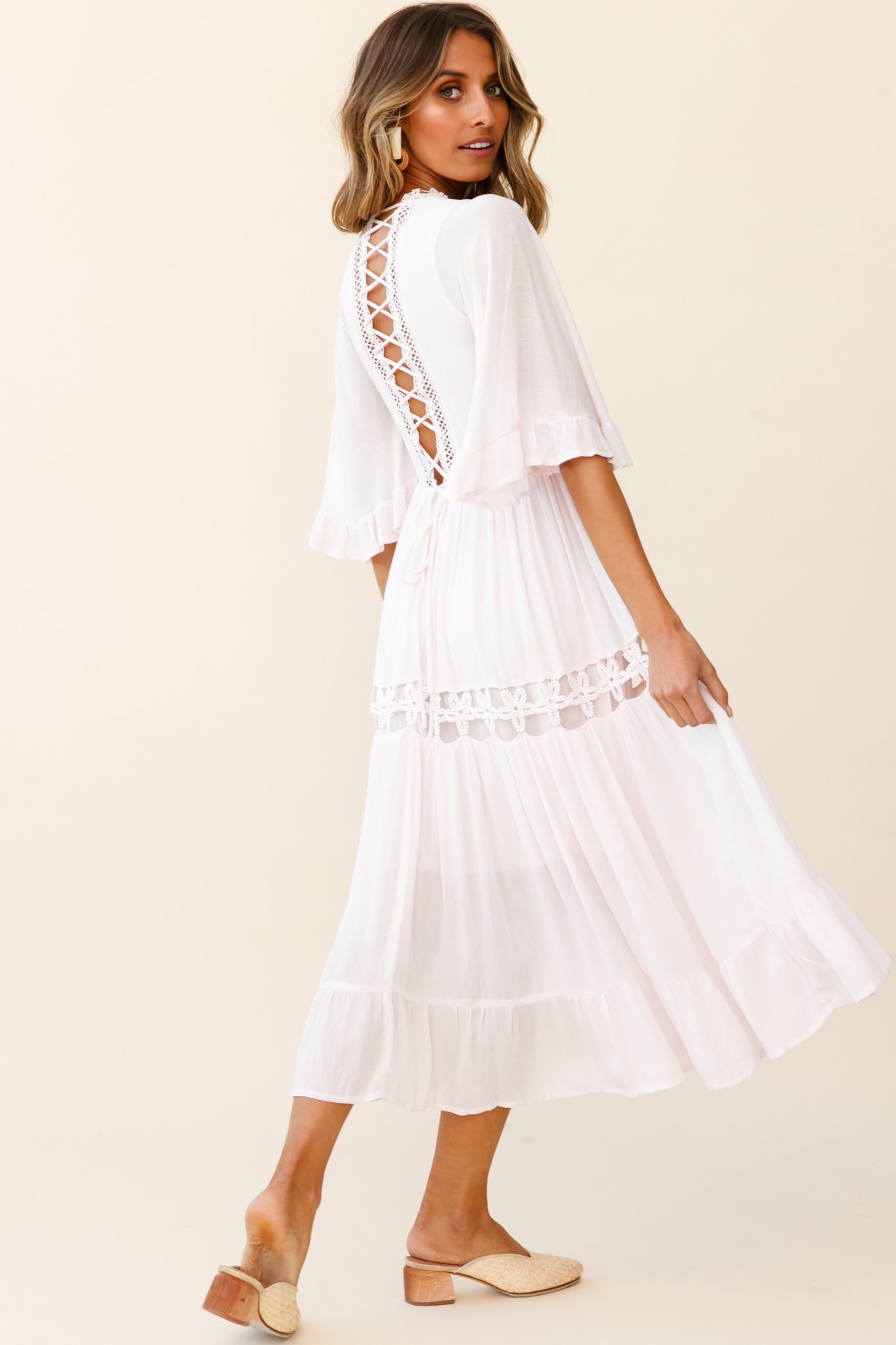 Feeling Groovy Bell Sleeve Crochet Trim Maxi Dress Pink-Maymioy