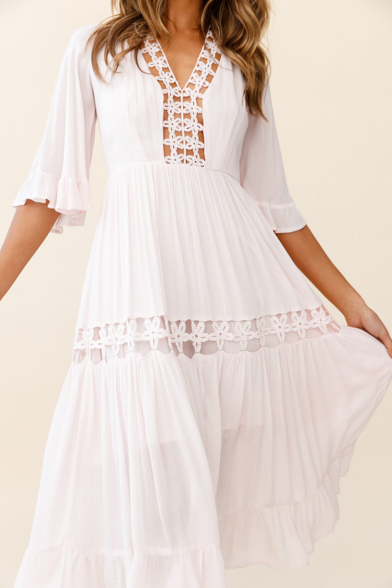 Feeling Groovy Bell Sleeve Crochet Trim Maxi Dress Pink-Maymioy