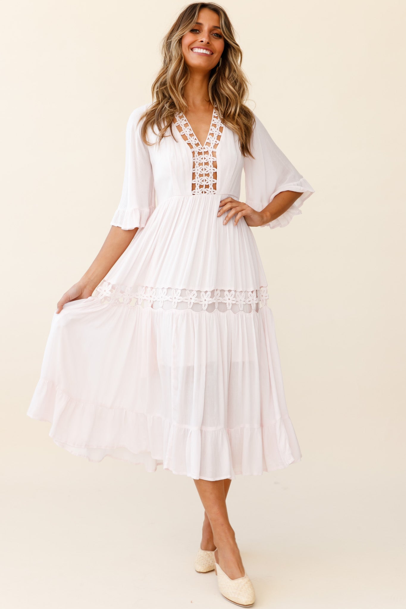 Feeling Groovy Bell Sleeve Crochet Trim Maxi Dress Pink-Maymioy