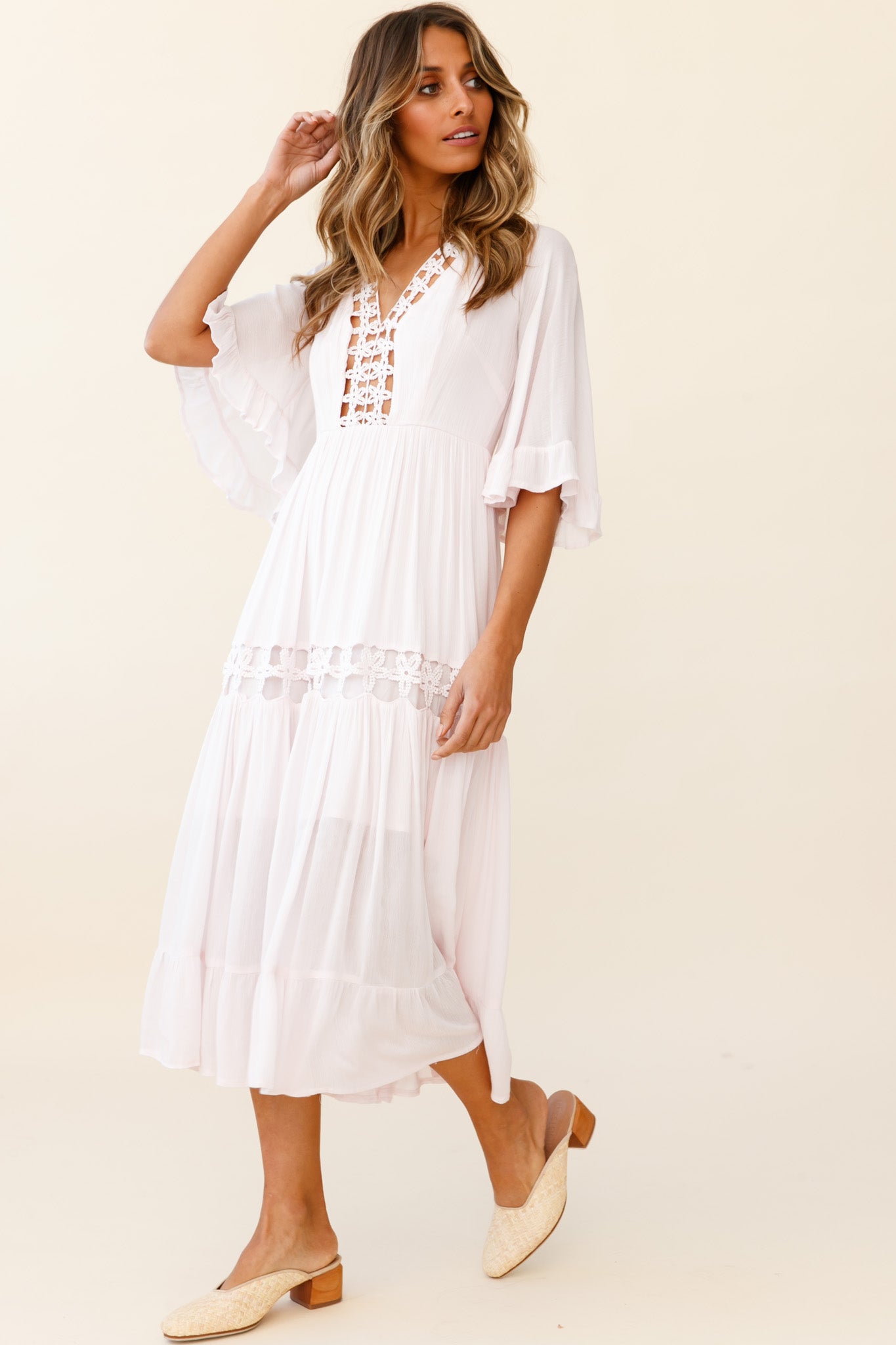 Feeling Groovy Bell Sleeve Crochet Trim Maxi Dress Pink-Maymioy