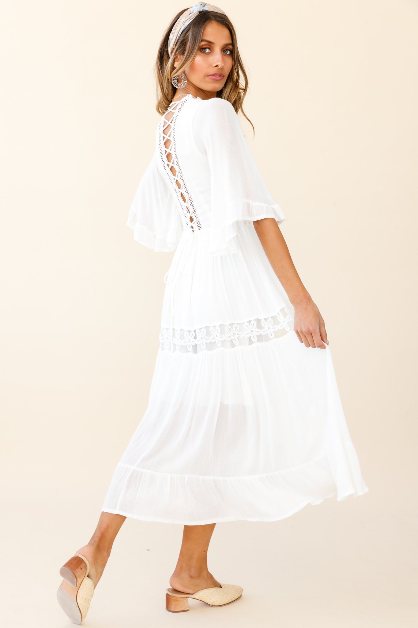 Feeling Groovy Bell Sleeve Crochet Trim Maxi Dress White-Maymioy