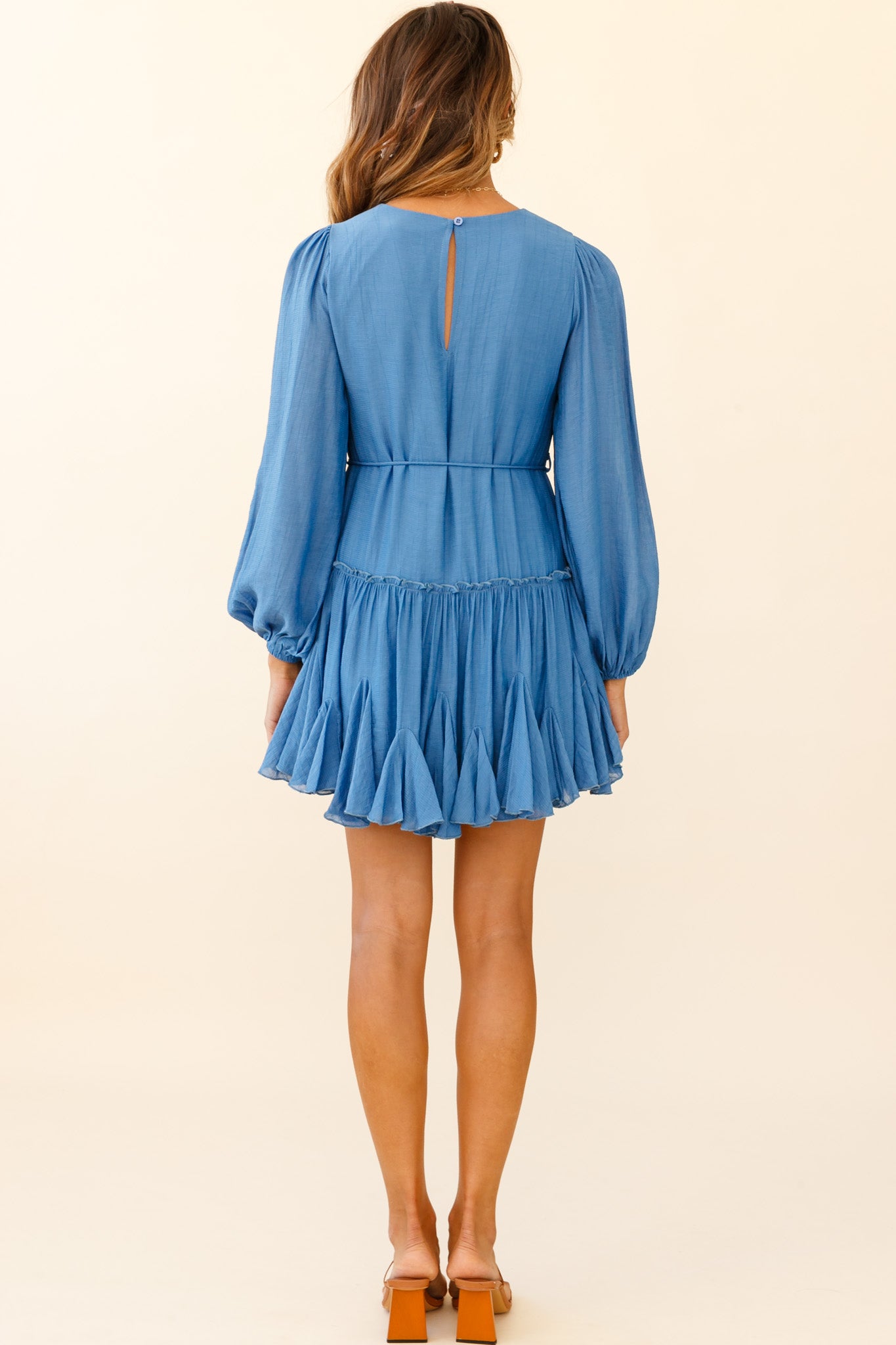 Rosabel Balloon Sleeve Fluted Hem Dress Denim Blue-Maymioy