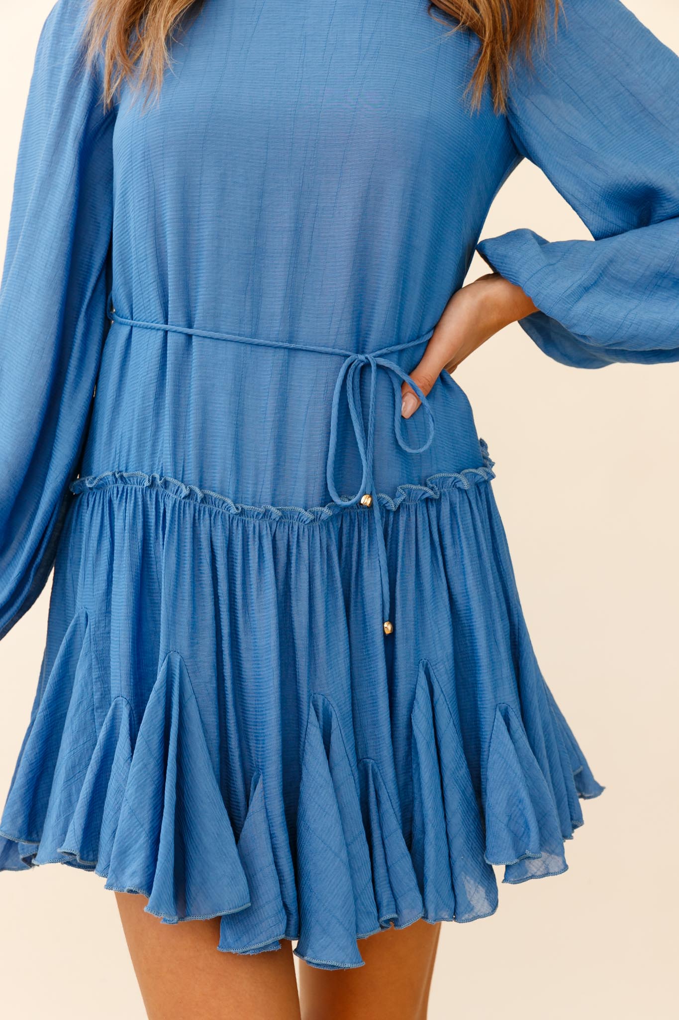 Rosabel Balloon Sleeve Fluted Hem Dress Denim Blue-Maymioy