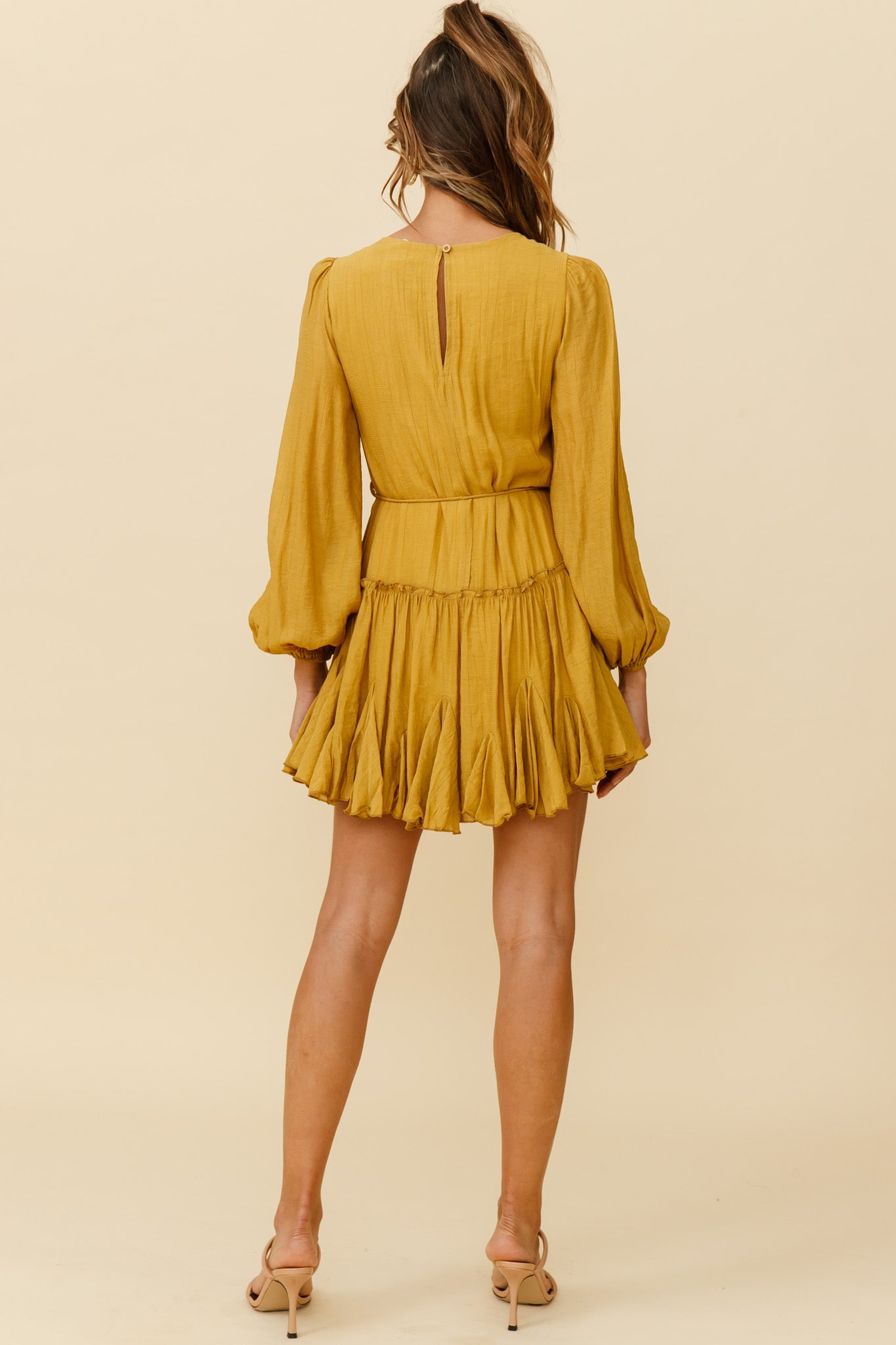Rosabel Balloon Sleeve Fluted Hem Dress Mustard-Maymioy