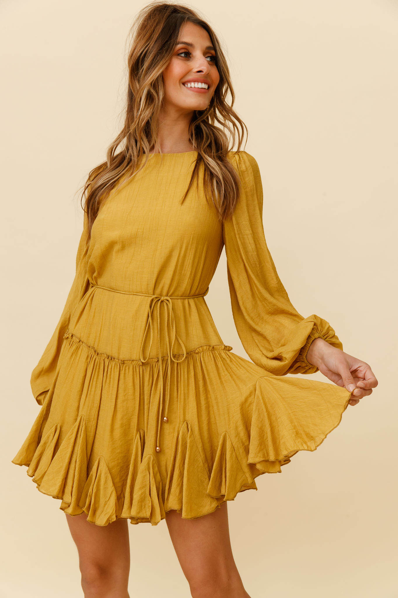 Rosabel Balloon Sleeve Fluted Hem Dress Mustard-Maymioy