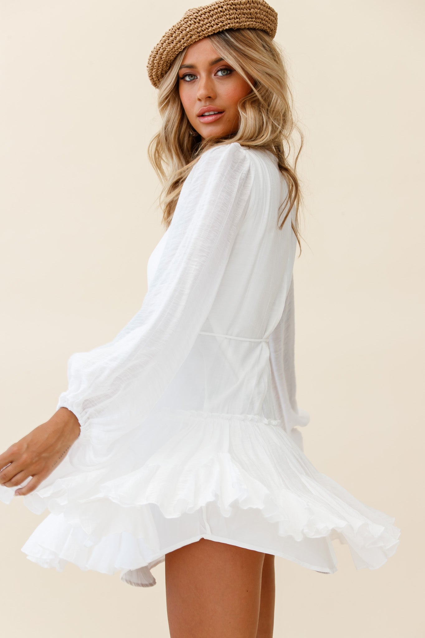 Rosabel Balloon Sleeve Fluted Hem Dress White-Maymioy