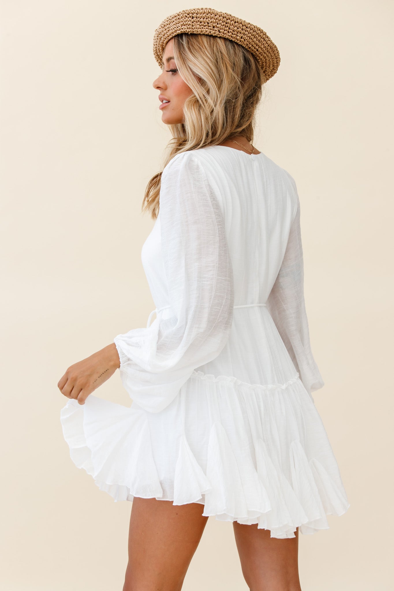Rosabel Balloon Sleeve Fluted Hem Dress White-Maymioy