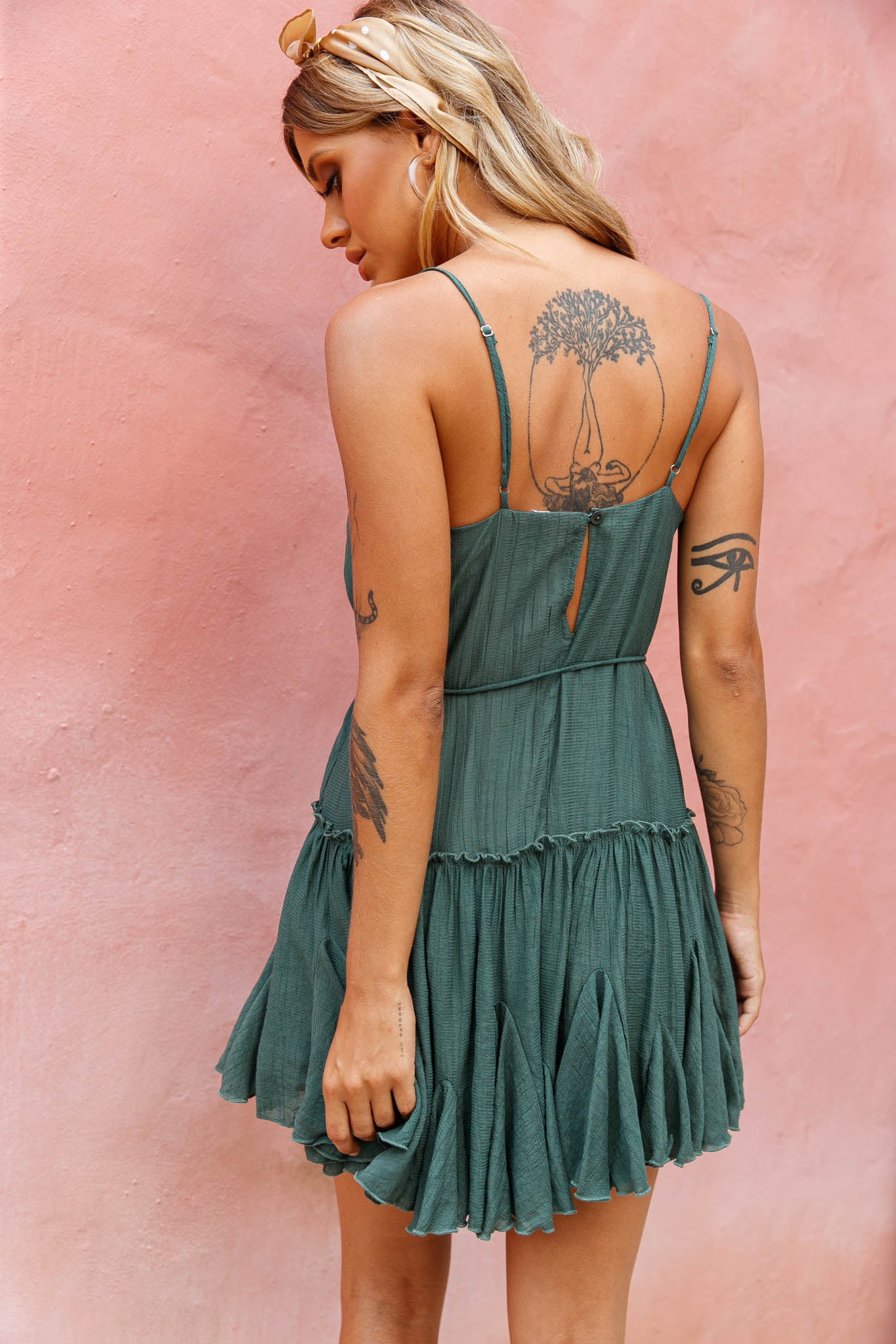 Rosabel Spaghetti Strap Fluted Hem Dress Green-Maymioy