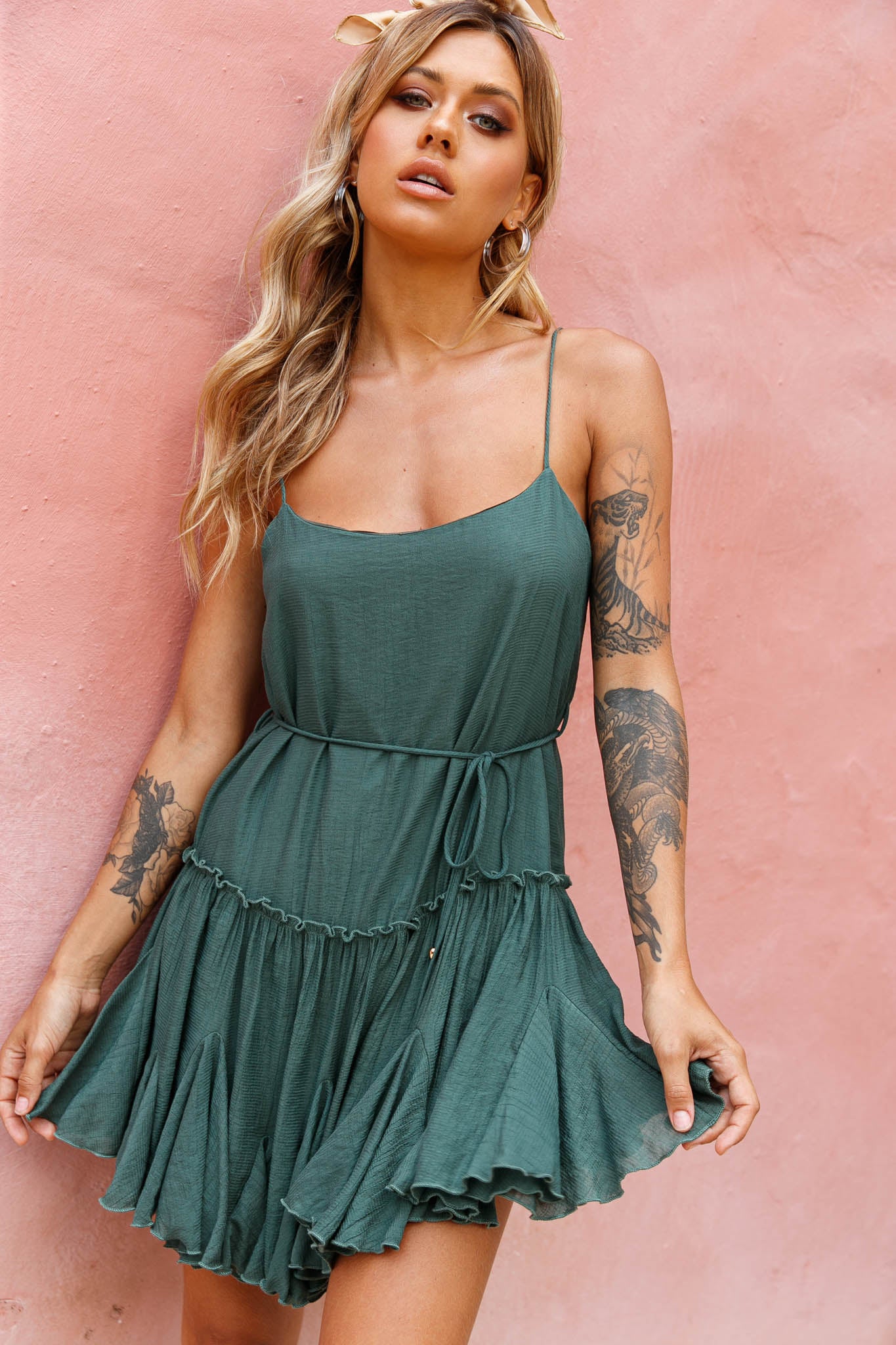 Rosabel Spaghetti Strap Fluted Hem Dress Green-Maymioy