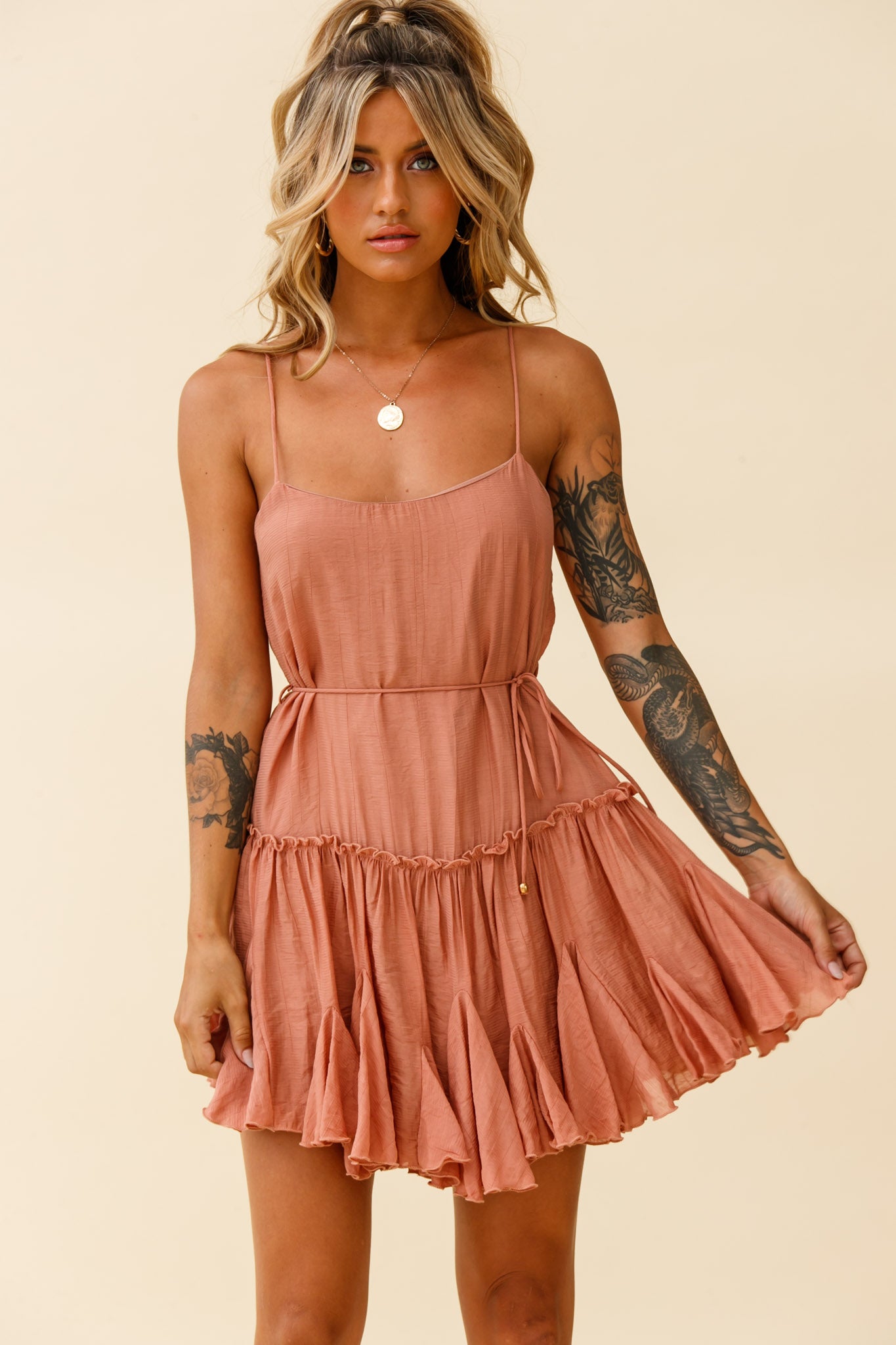 Rosabel Spaghetti Strap Fluted Hem Dress Rose-Maymioy